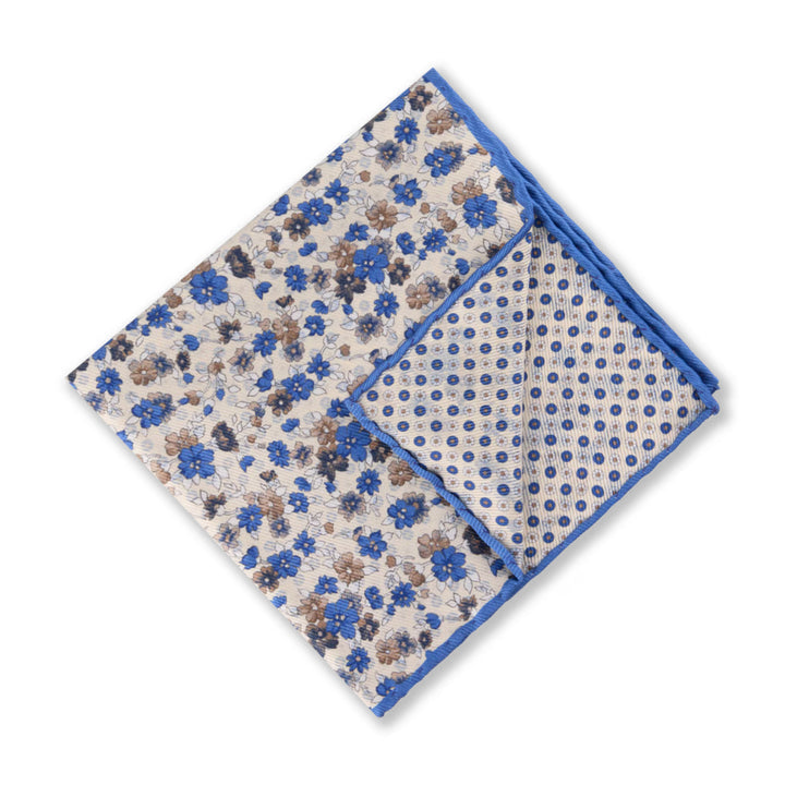 Champagne & Blue Floral Patterned Reversible Silk Hankie - Stenströms