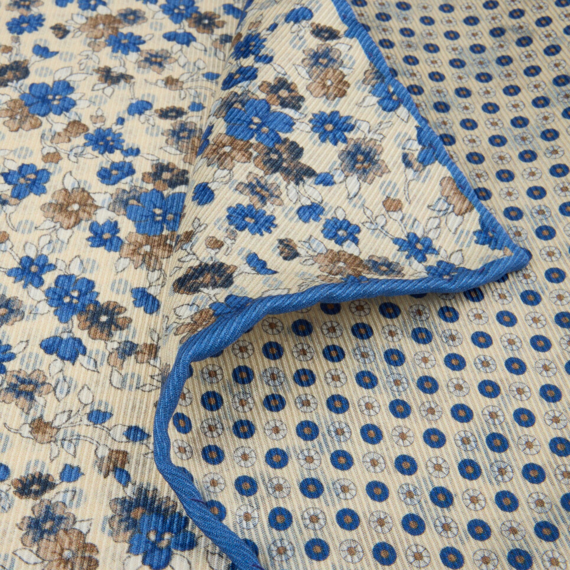 Champagne & Blue Floral Patterned Reversible Silk Hankie - Stenströms