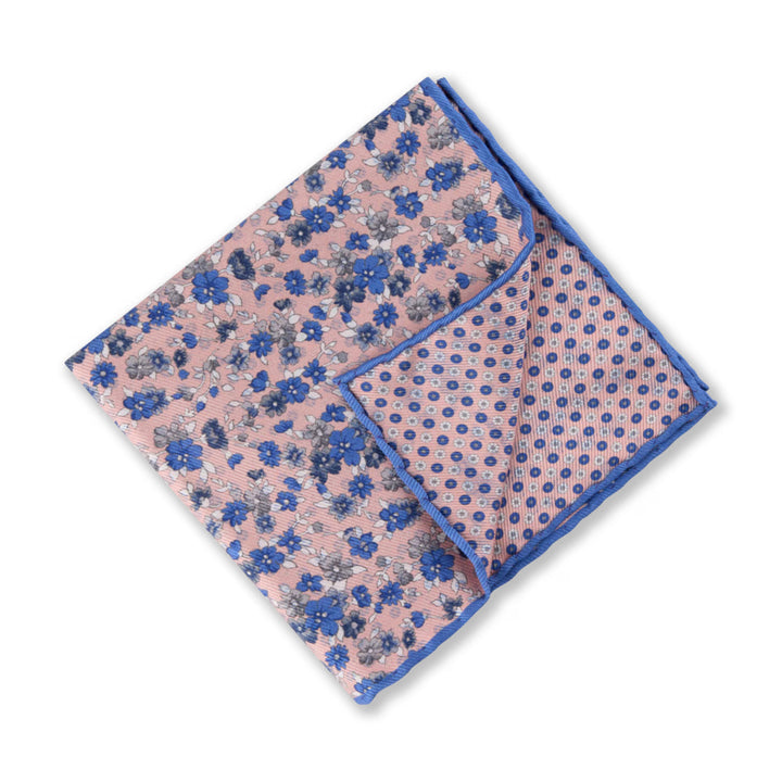 Pink & Blue Floral Patterned Reversible Silk Hankie - Stenströms