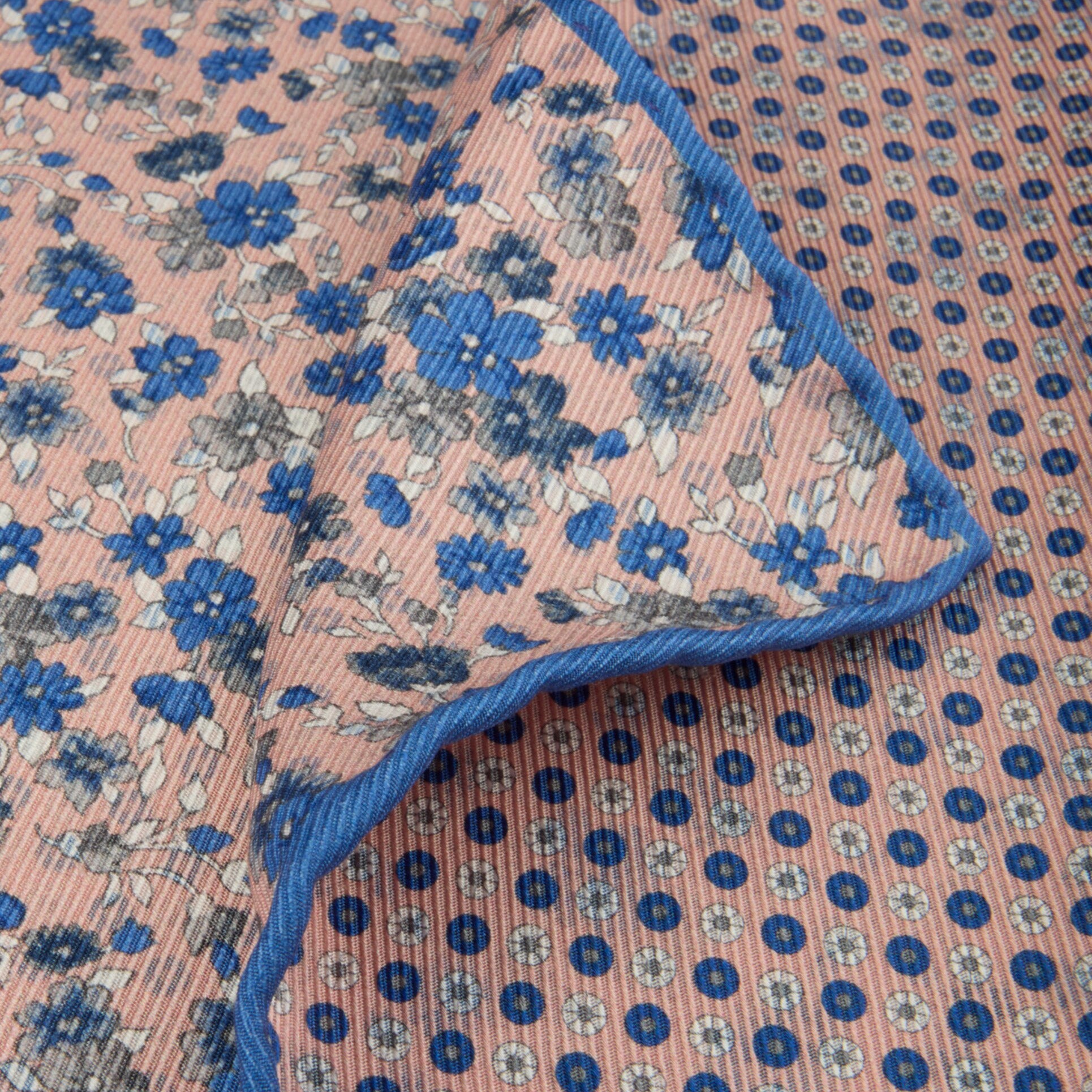 Pink & Blue Floral Patterned Reversible Silk Hankie - Stenströms