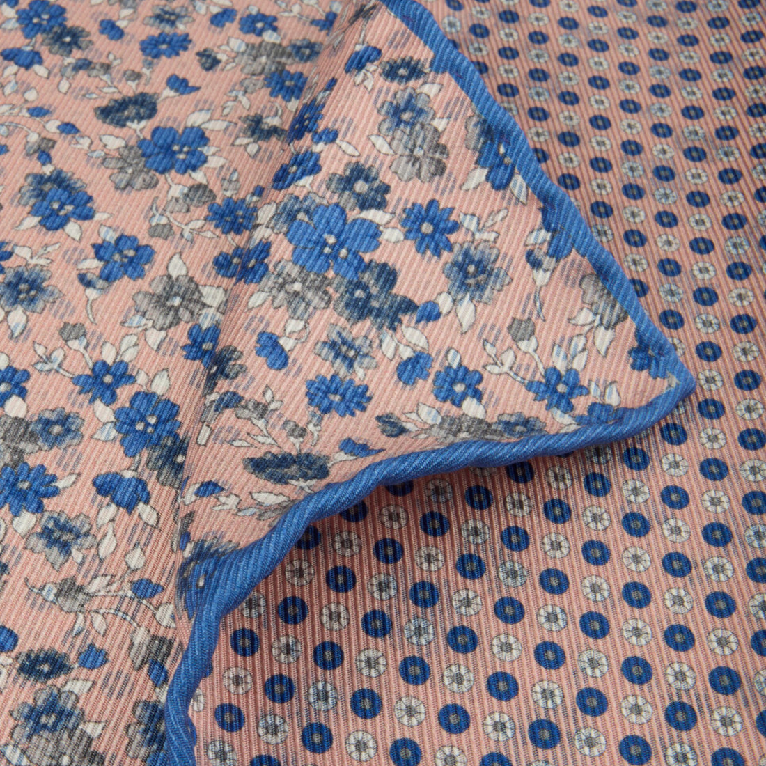 Pink & Blue Floral Patterned Reversible Silk Hankie - Stenströms