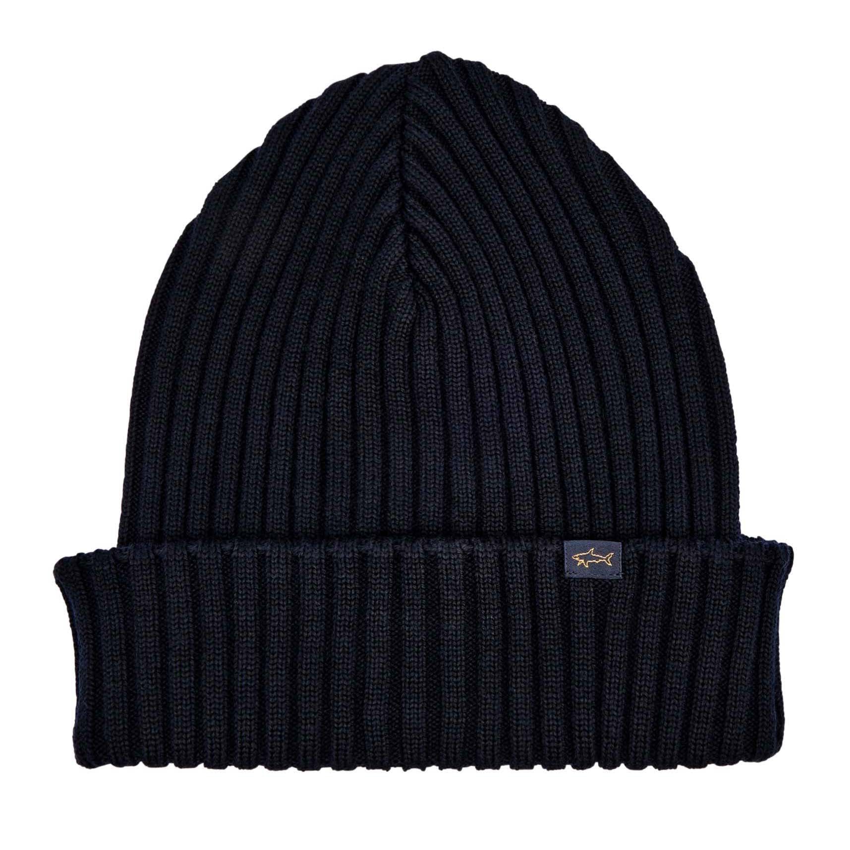 Navy Blue Shark Tag Soft Cool-Touch Wool Ribbed Beanie - Paul & Shark