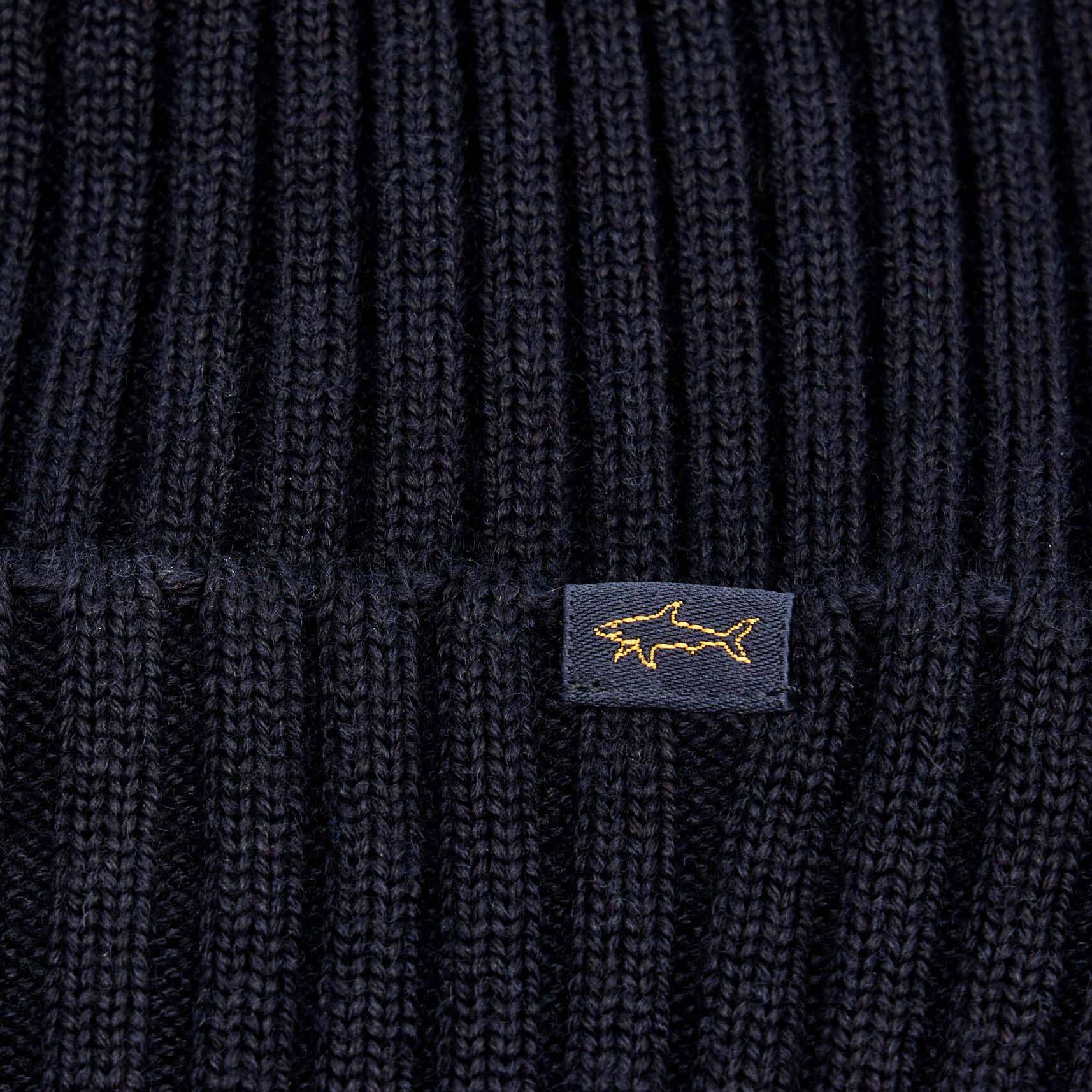 Navy Blue Shark Tag Soft Cool-Touch Wool Ribbed Beanie - Paul & Shark