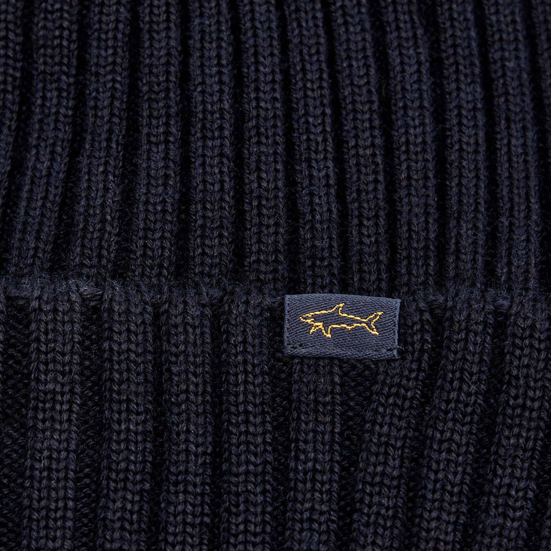 Navy Blue Shark Tag Soft Cool-Touch Wool Ribbed Beanie - Paul & Shark