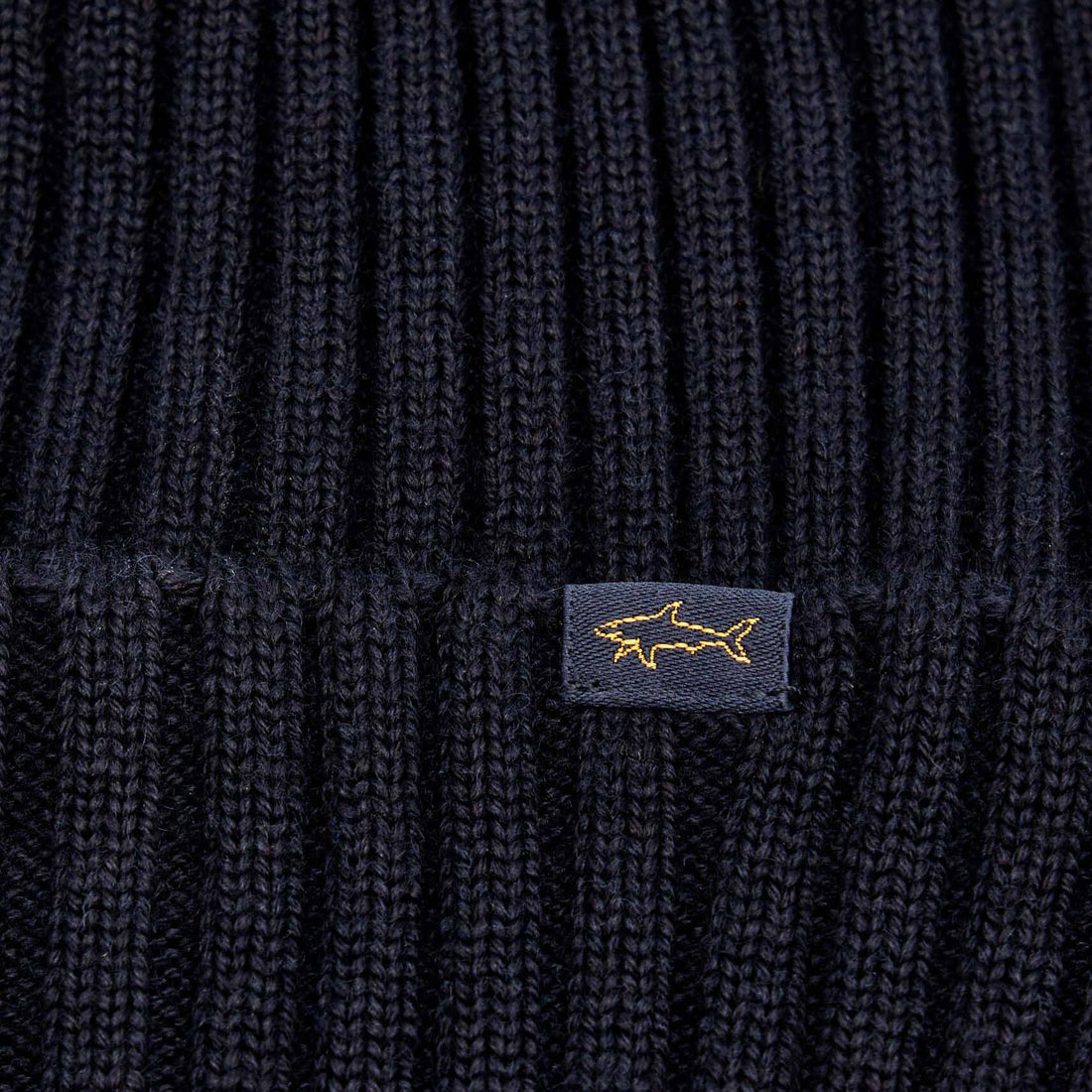 Navy Blue Shark Tag Soft Cool-Touch Wool Ribbed Beanie - Paul & Shark