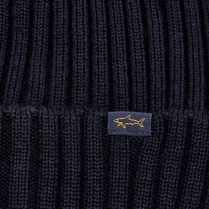 Navy Blue Shark Tag Soft Cool-Touch Wool Ribbed Beanie - Paul & Shark