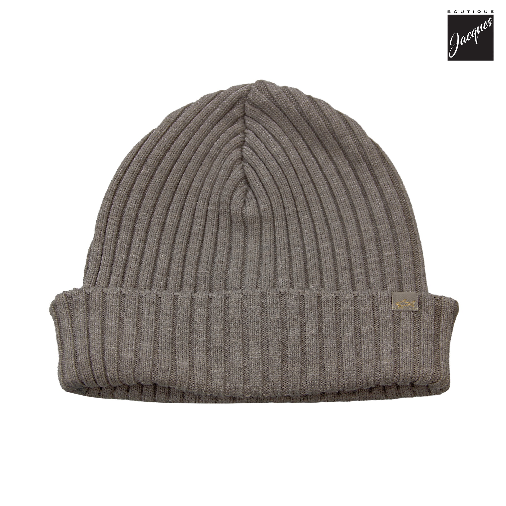 Taupe Shark Tag Soft Cool-Touch Wool Ribbed Beanie - Paul & Shark