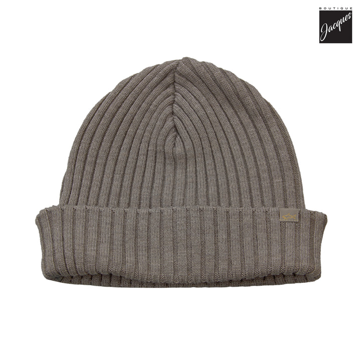 Taupe Shark Tag Soft Cool-Touch Wool Ribbed Beanie - Paul & Shark
