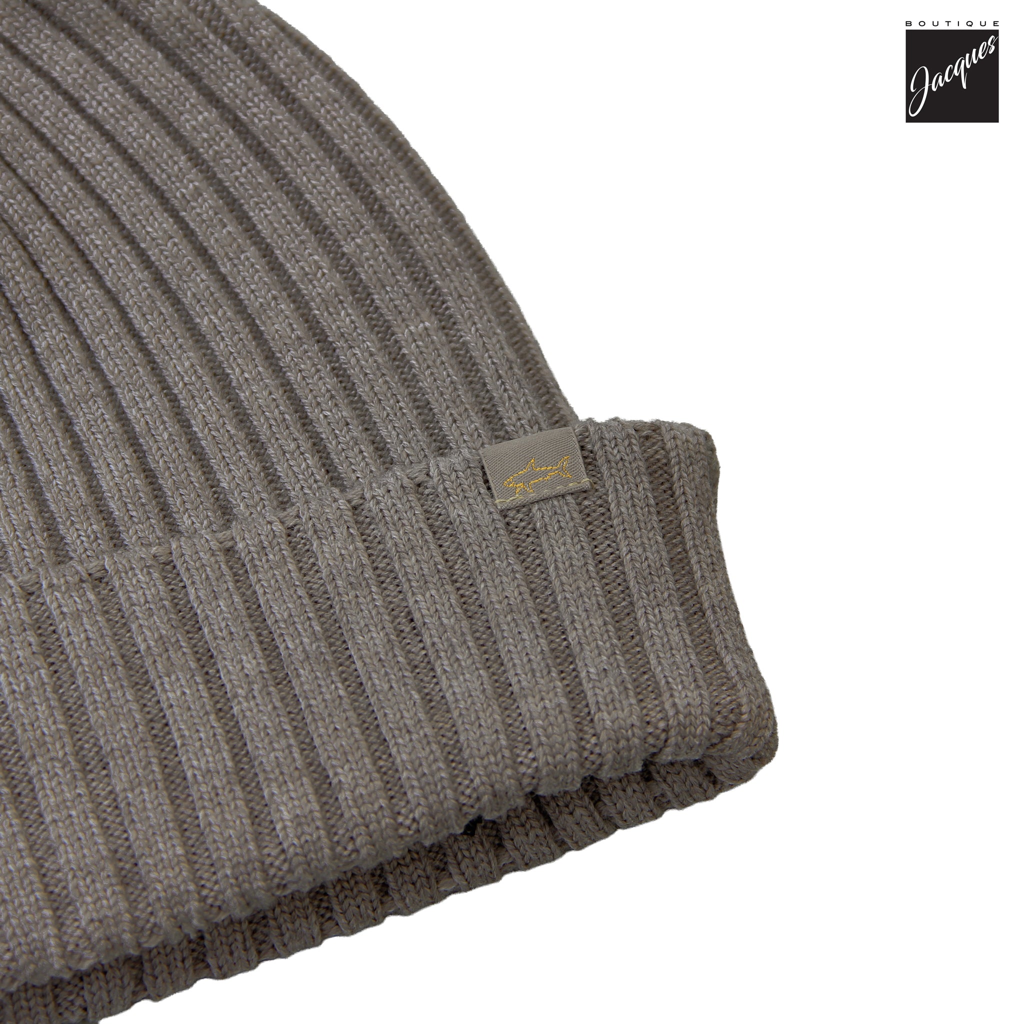 Taupe Shark Tag Soft Cool-Touch Wool Ribbed Beanie - Paul & Shark