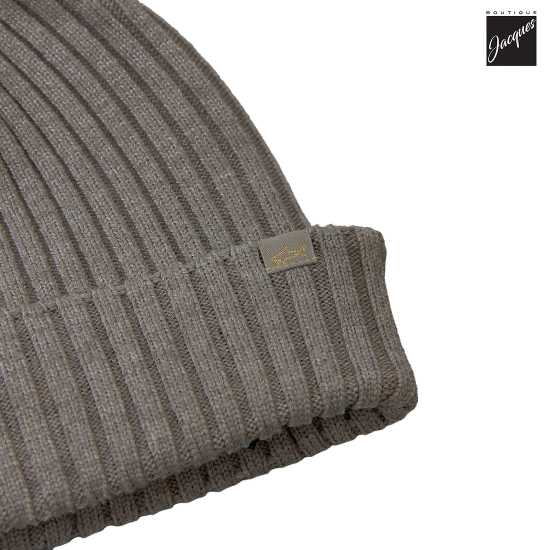 Taupe Shark Tag Soft Cool-Touch Wool Ribbed Beanie - Paul & Shark