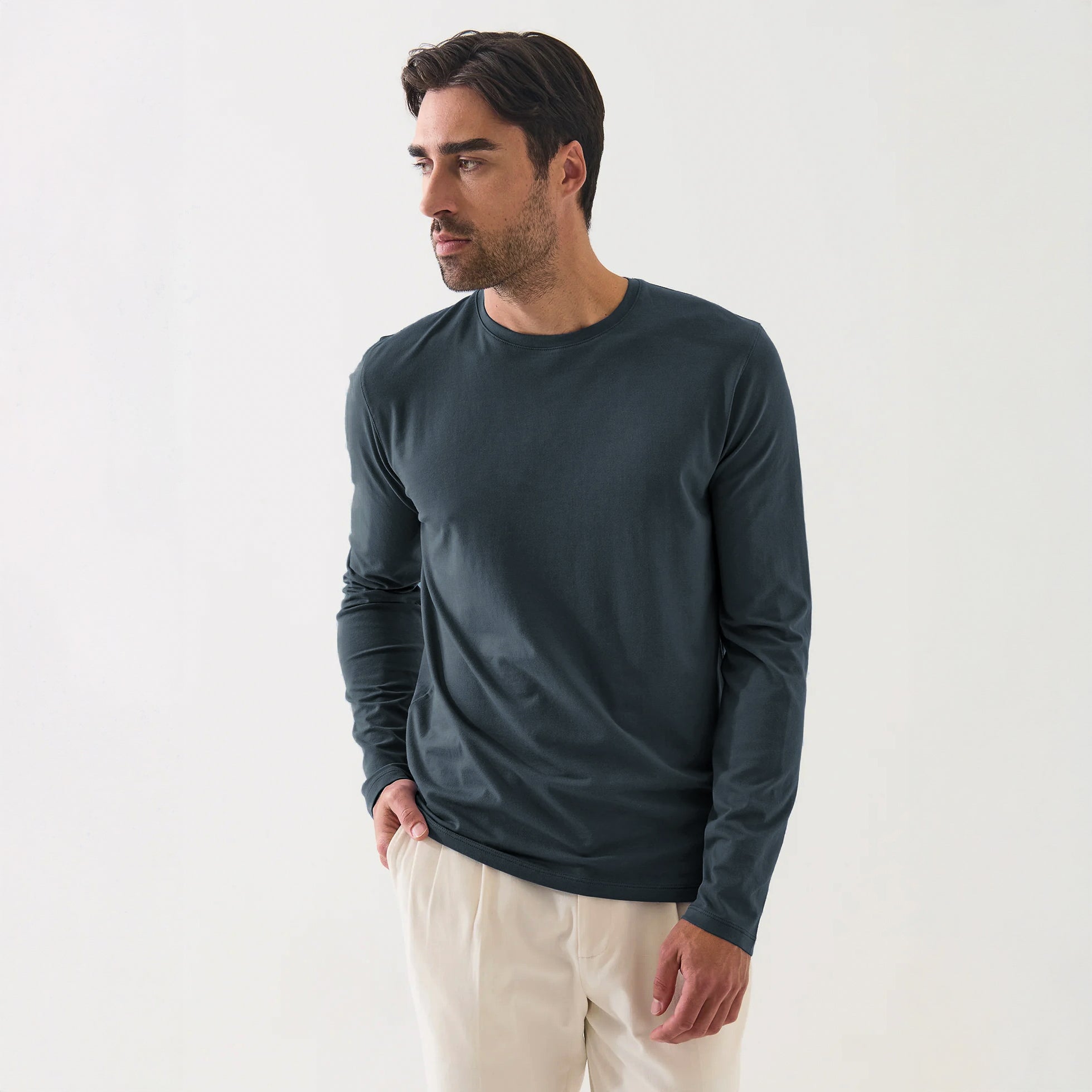 Eventide Blue Pima Cotton Stretch Long Sleeve T-Shirt - Patrick Assaraf