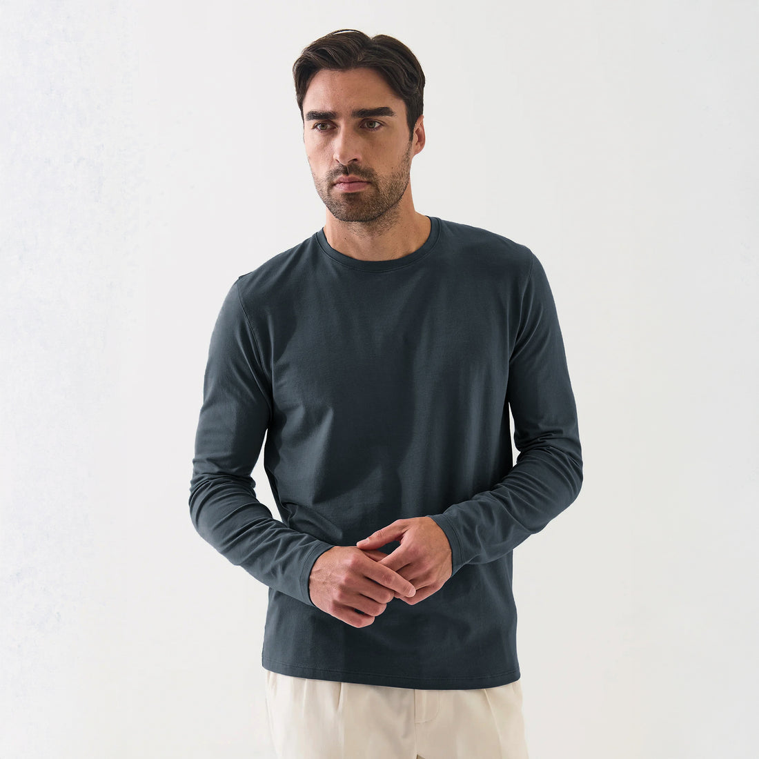 Eventide Blue Pima Cotton Stretch Long Sleeve T-Shirt - Patrick Assaraf