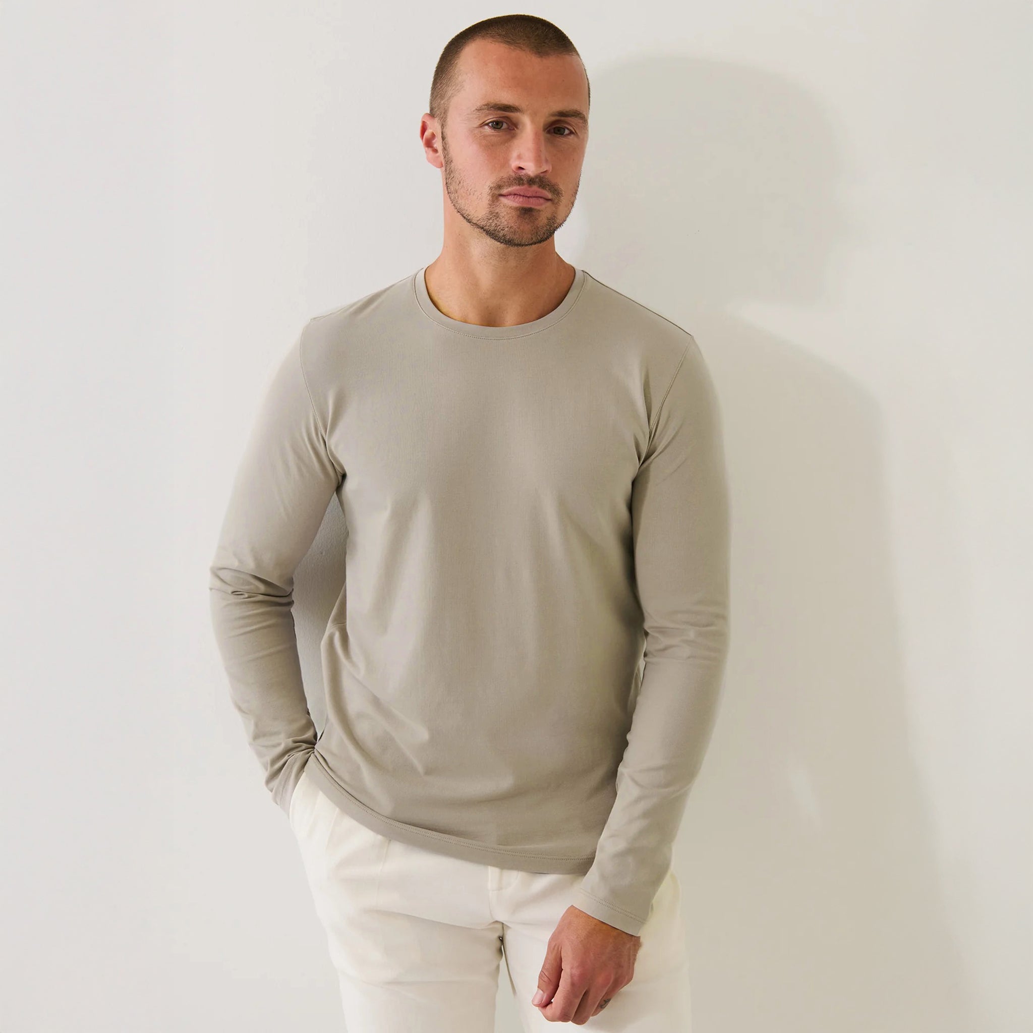 Fog Gray/Beige Pima Stretch Long Sleeve T-Shirt - Patrick Assaraf