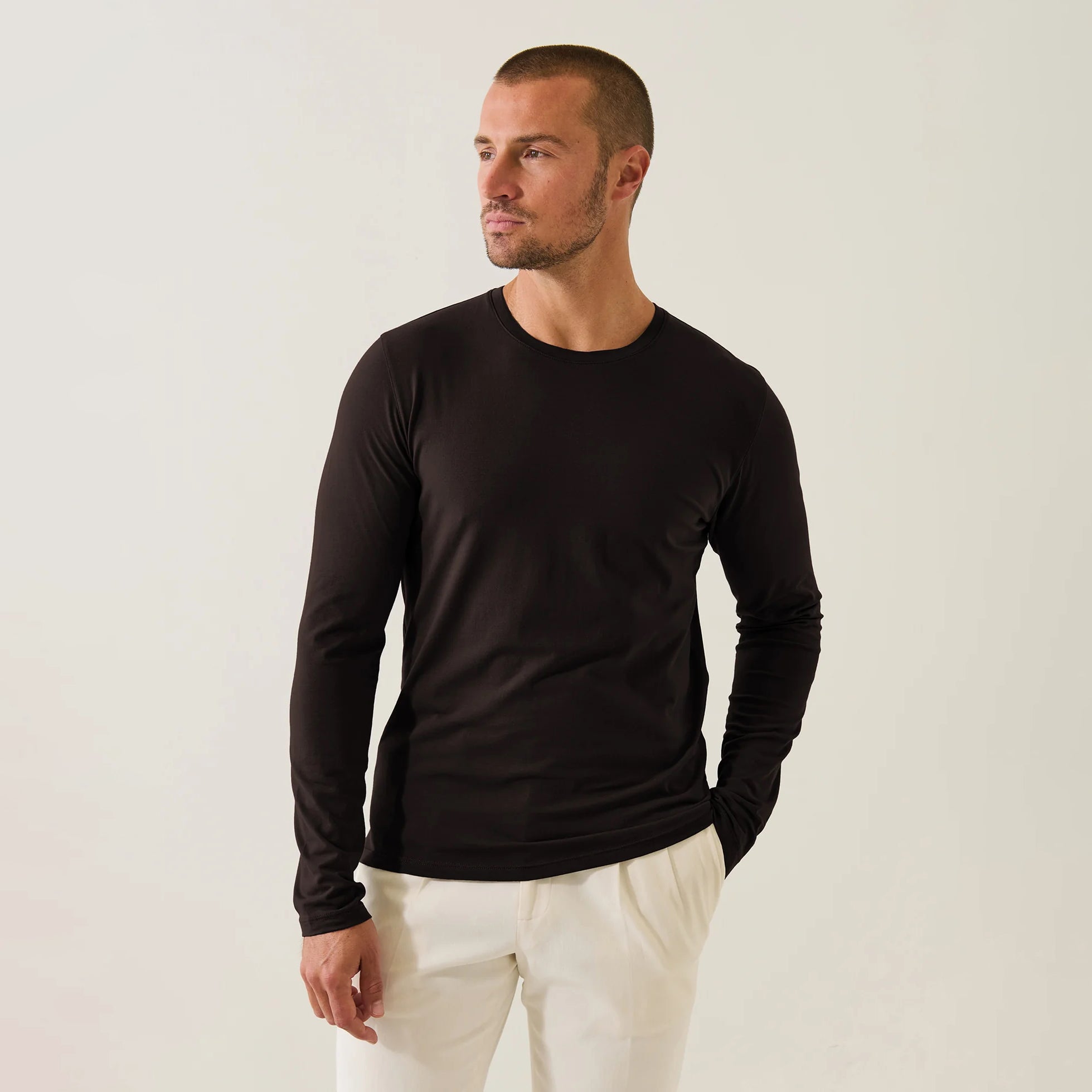Ganache Brown Pima Cotton Stretch Long Sleeve T-Shirt - Patrick Assaraf