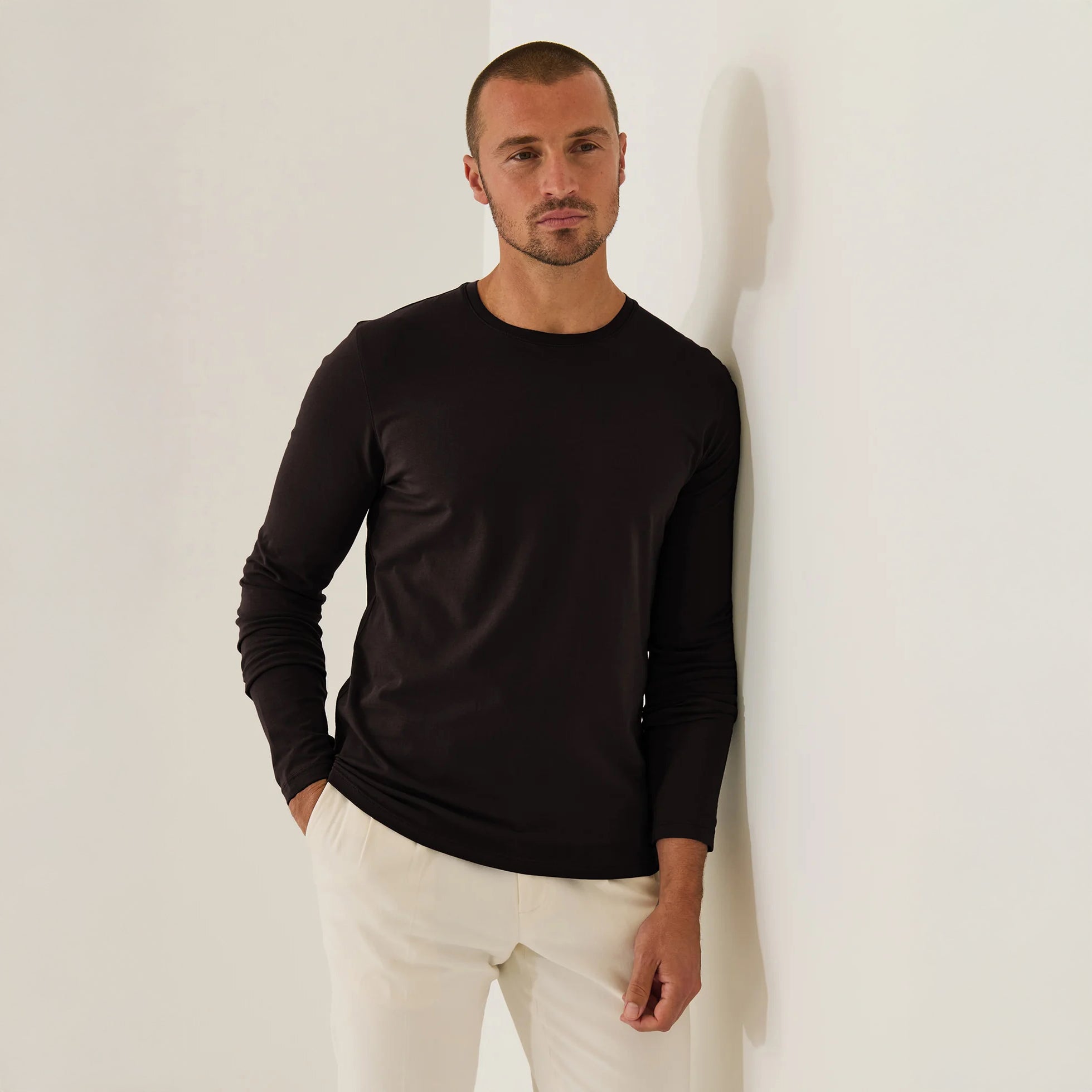 Ganache Brown Pima Cotton Stretch Long Sleeve T-Shirt - Patrick Assaraf
