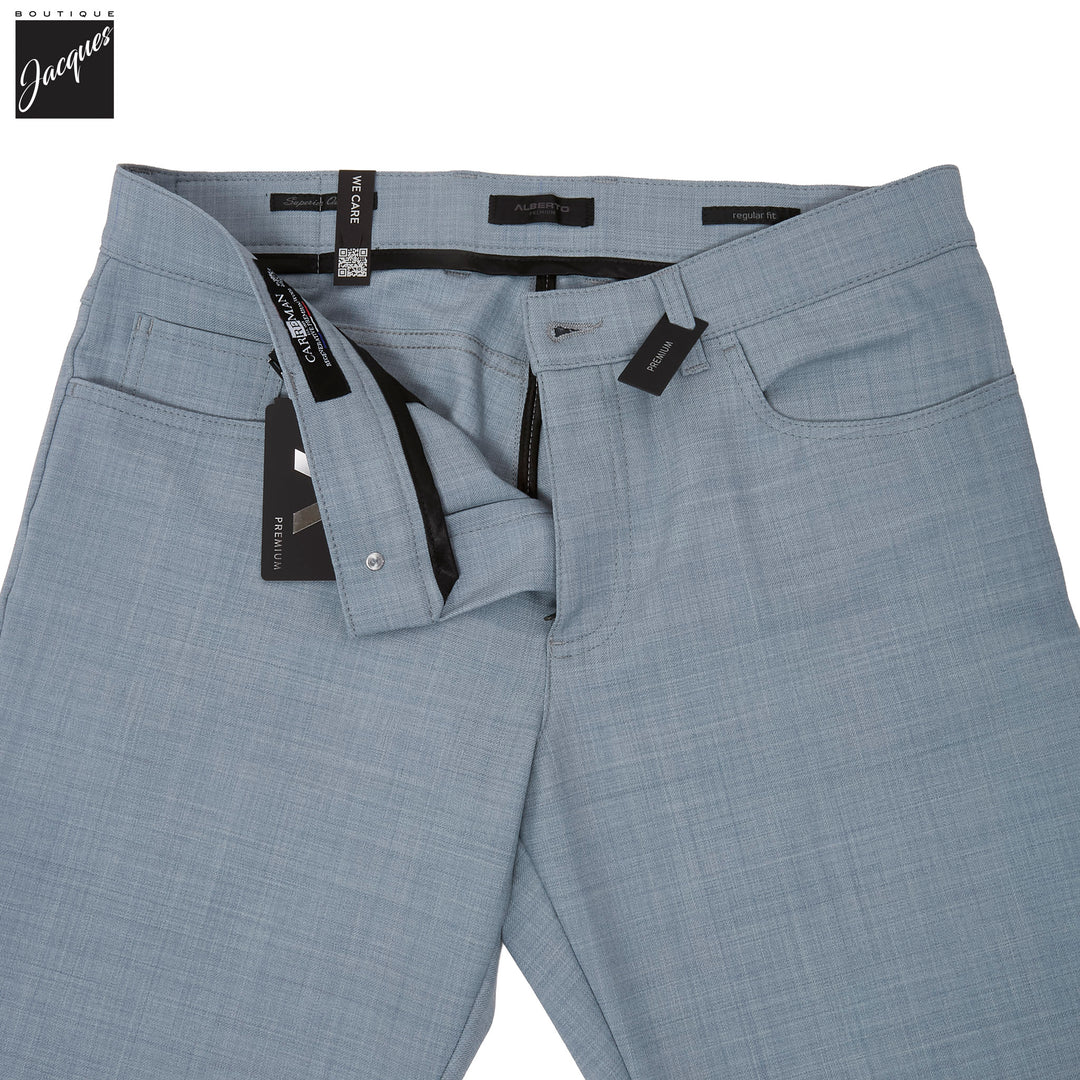 Light Blue Performance Wool-Mix Pipe Regular Fit Five Pocket Pants - ALBERTO - Boutique Jacques International