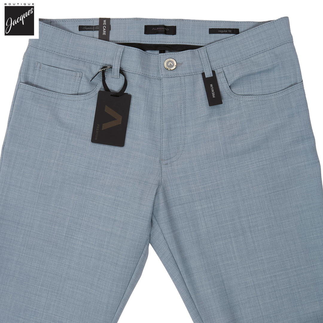 Light Blue Performance Wool-Mix Pipe Regular Fit Five Pocket Pants - ALBERTO - Boutique Jacques International
