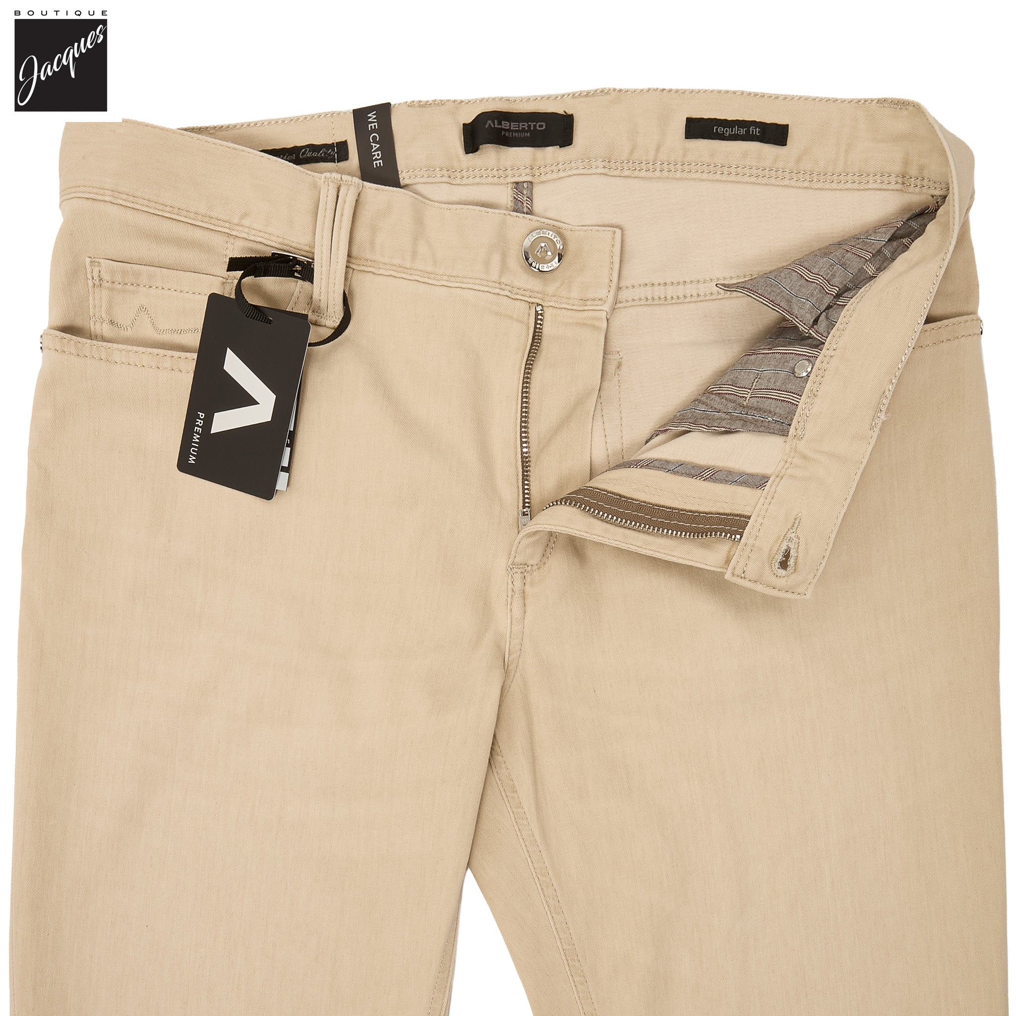 Beige Premium Regular Fit Soft Ultralight Five Pocket Pants - ALBERTO - Boutique Jacques International