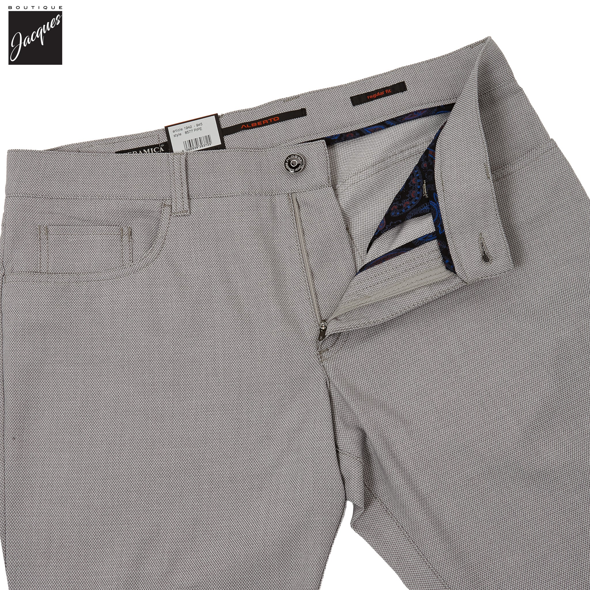 Light Gray Two-Tone Ceramica Pipe Regular Fit Five Pocket Pants - ALBERTO - Boutique Jacques International
