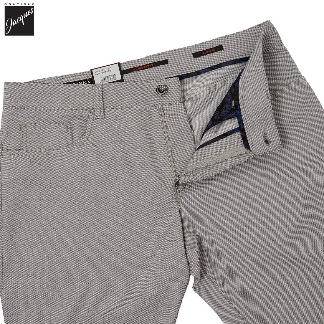 Light Gray Two-Tone Ceramica Pipe Regular Fit Five Pocket Pants - ALBERTO - Boutique Jacques International