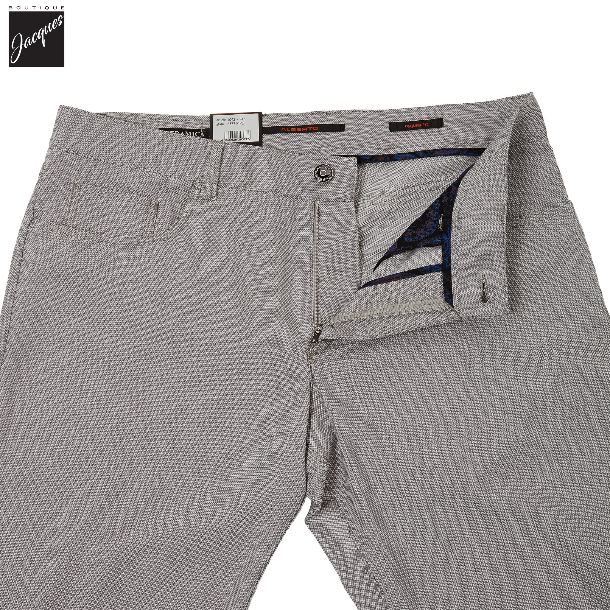 Light Gray Two-Tone Ceramica Pipe Regular Fit Five Pocket Pants - ALBERTO - Boutique Jacques International