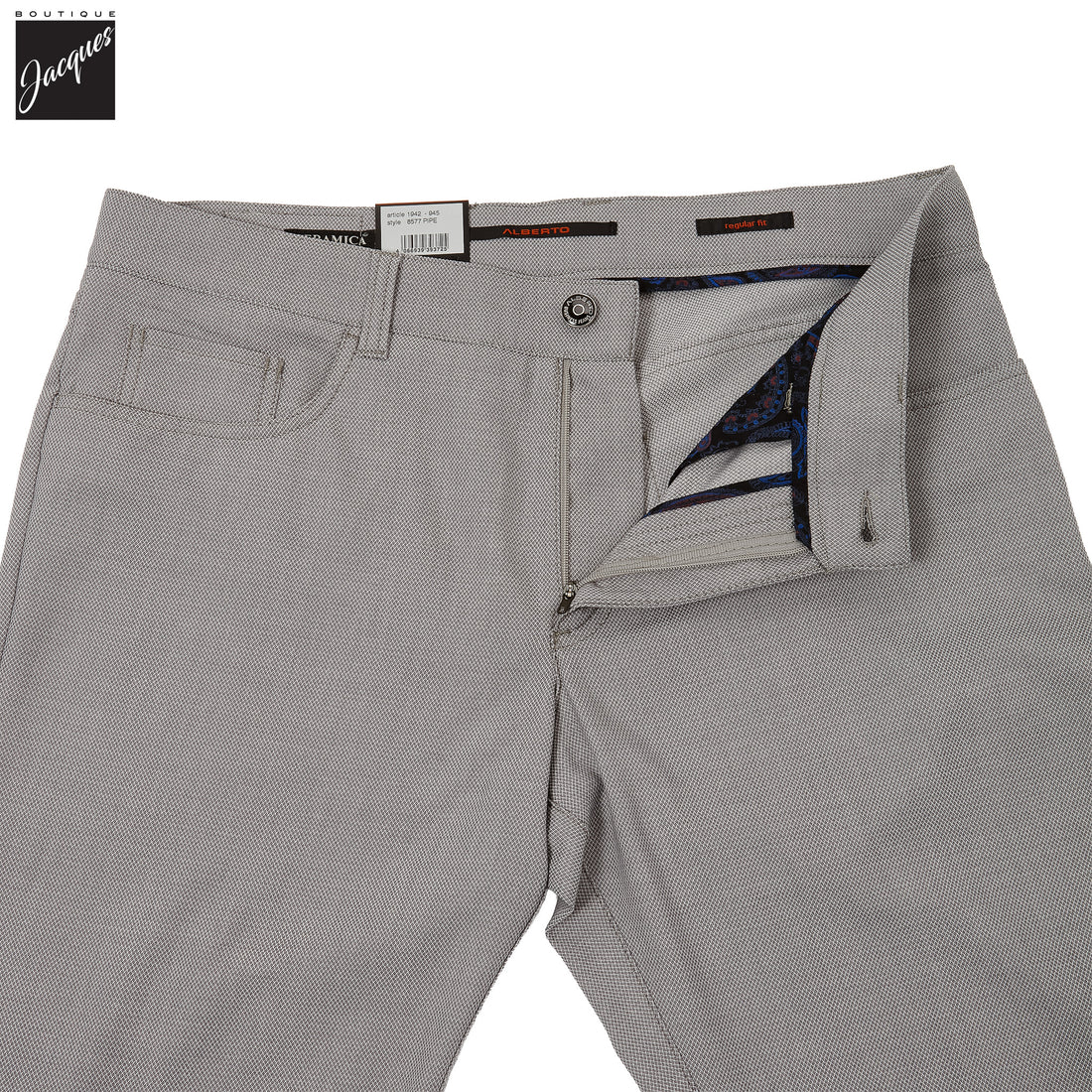 Light Gray Two-Tone Ceramica Pipe Regular Fit Five Pocket Pants - ALBERTO - Boutique Jacques International
