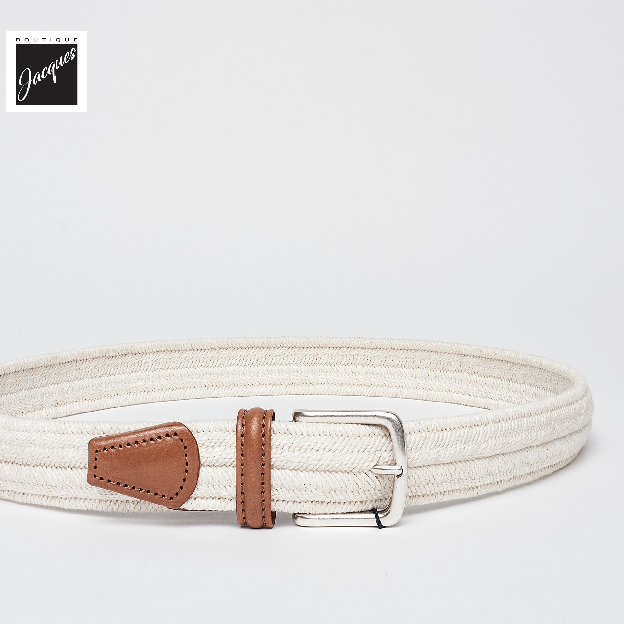 Café Cream Linen Cotton Woven Stretch Belt - Anderson's