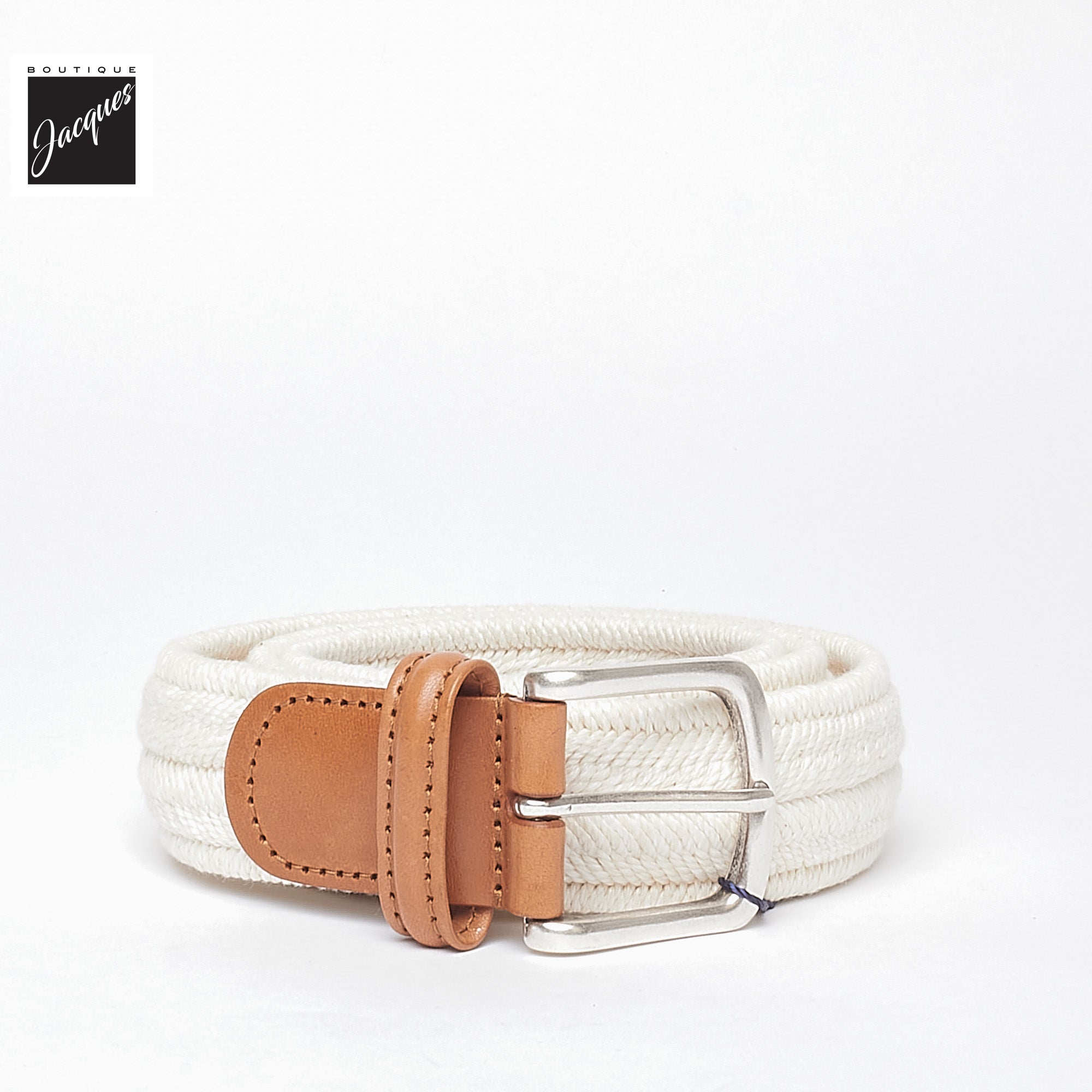 Café Cream Linen Cotton Woven Stretch Belt - Anderson's