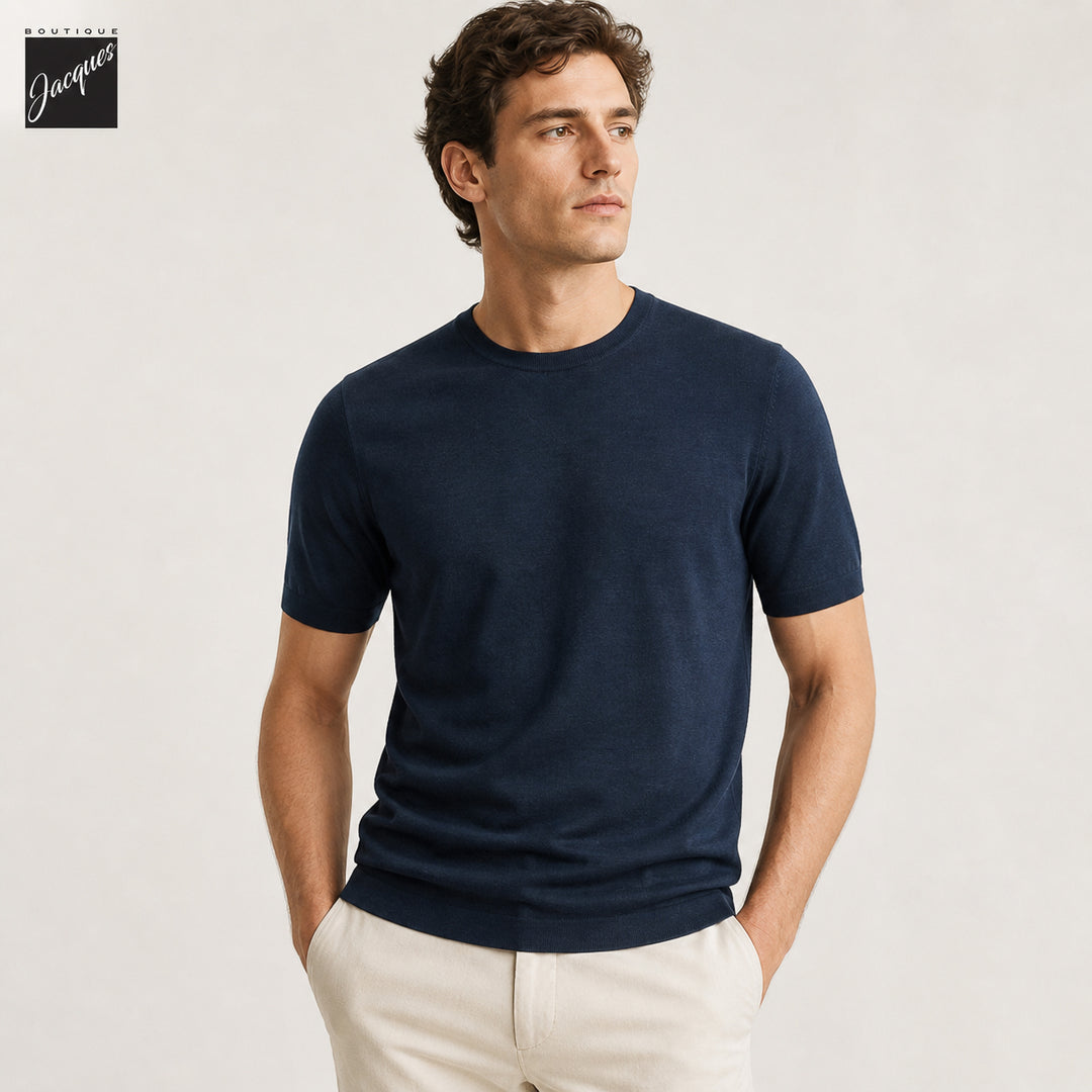 Dark Aviator Blue Cotton Silk Knit Short Sleeve Wellington Crewneck - Jack Victor - Boutique Jacques International