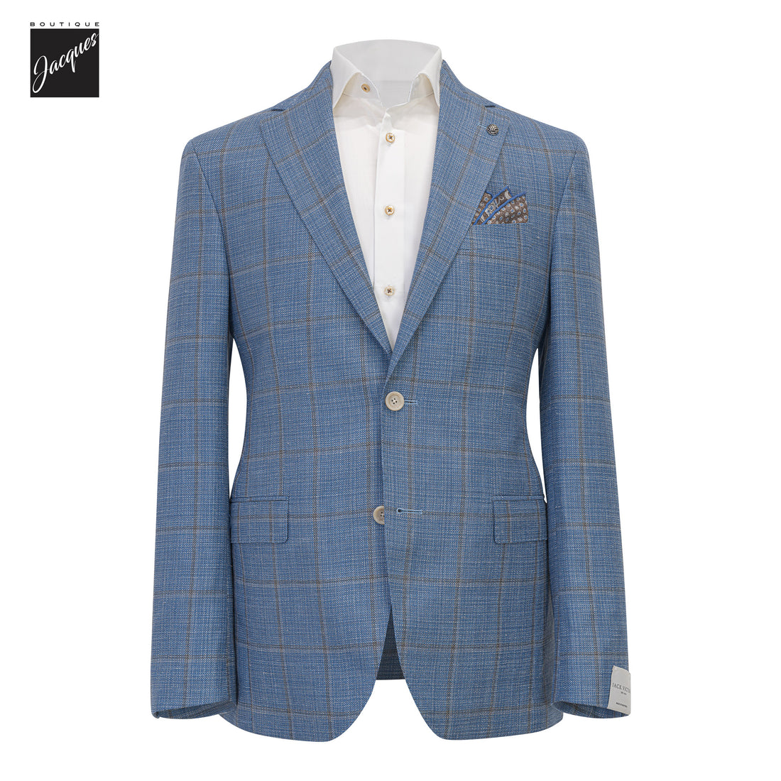 Blue & Brown Windowpane Wool/Silk/Linen Midland Fit Sport Jacket - Jack Victor