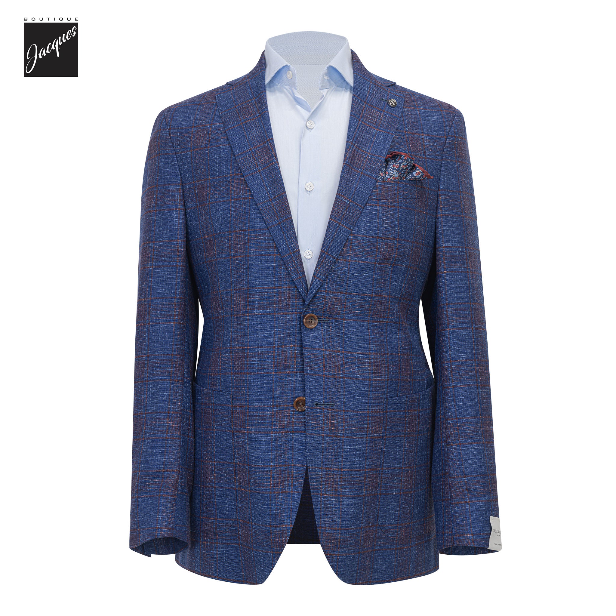 Blue & Burgundy Check Wool/Silk/Linen Hampton Contemporary Sport Jacket - Jack Victor