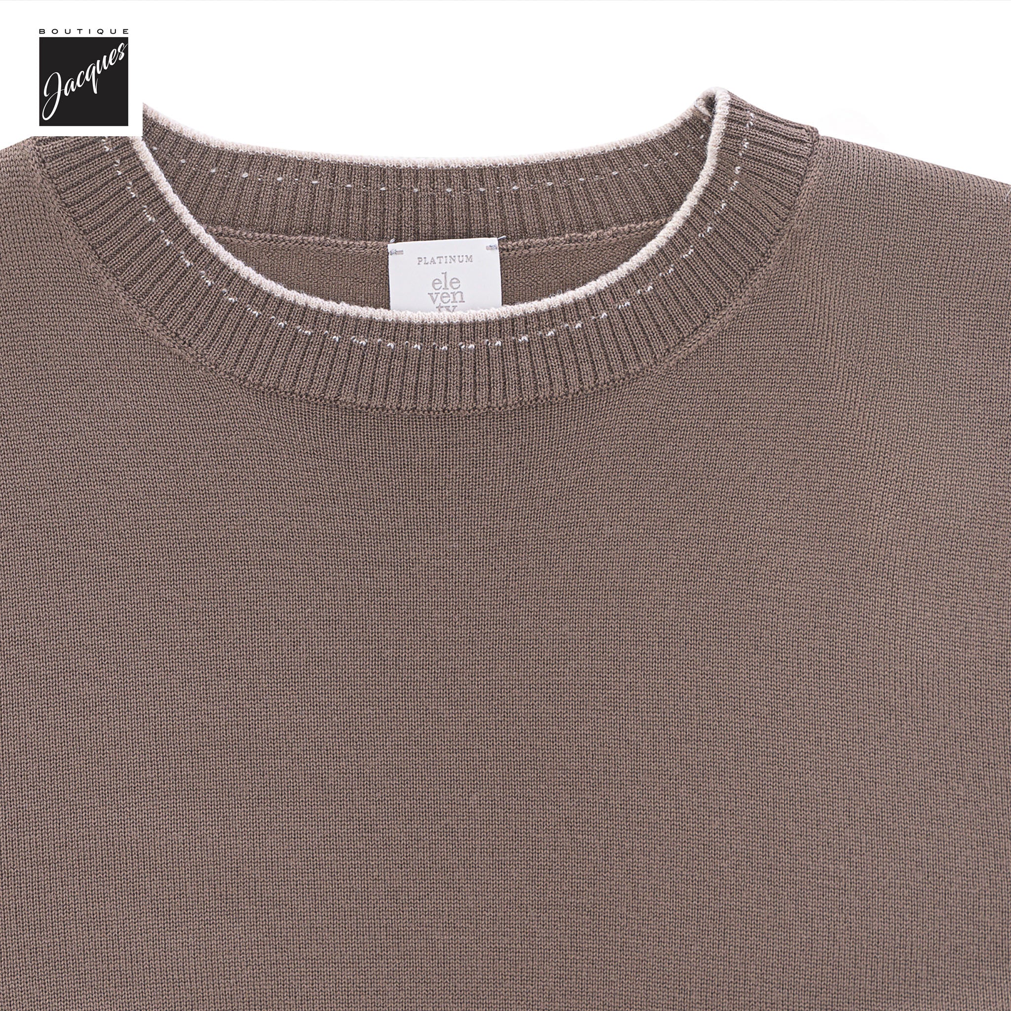 Brown Wool Crewneck Sweater with Sand Stitch Trims - ELEVENTY PLATINUM