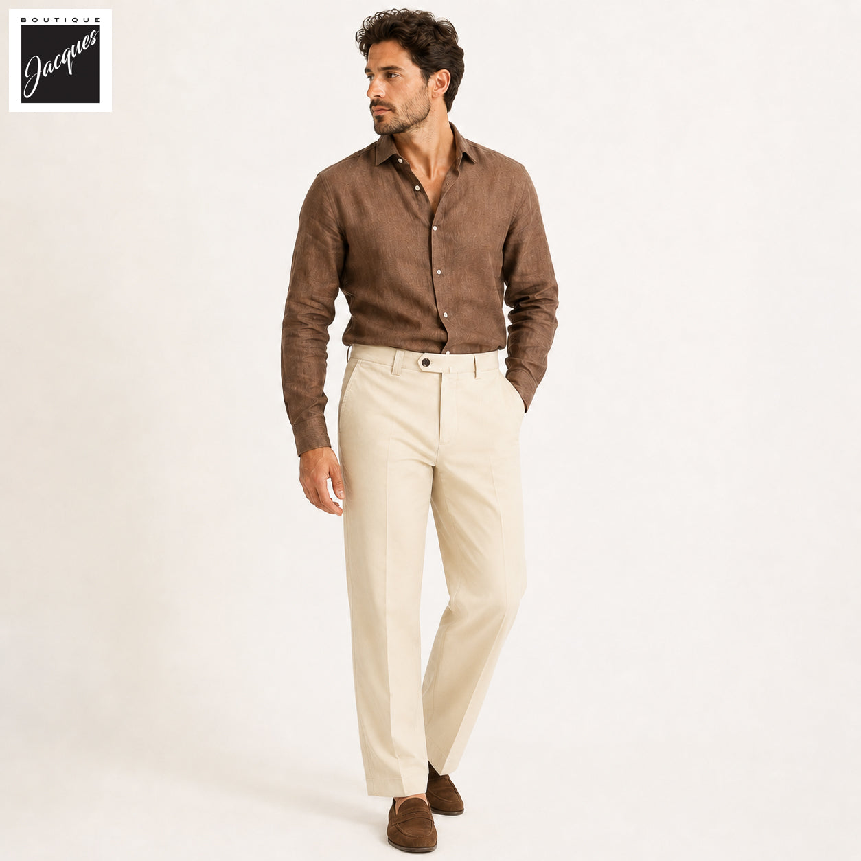 Ecru Cotton-Stretch Denim Negroni Wide Fit Chino Trousers