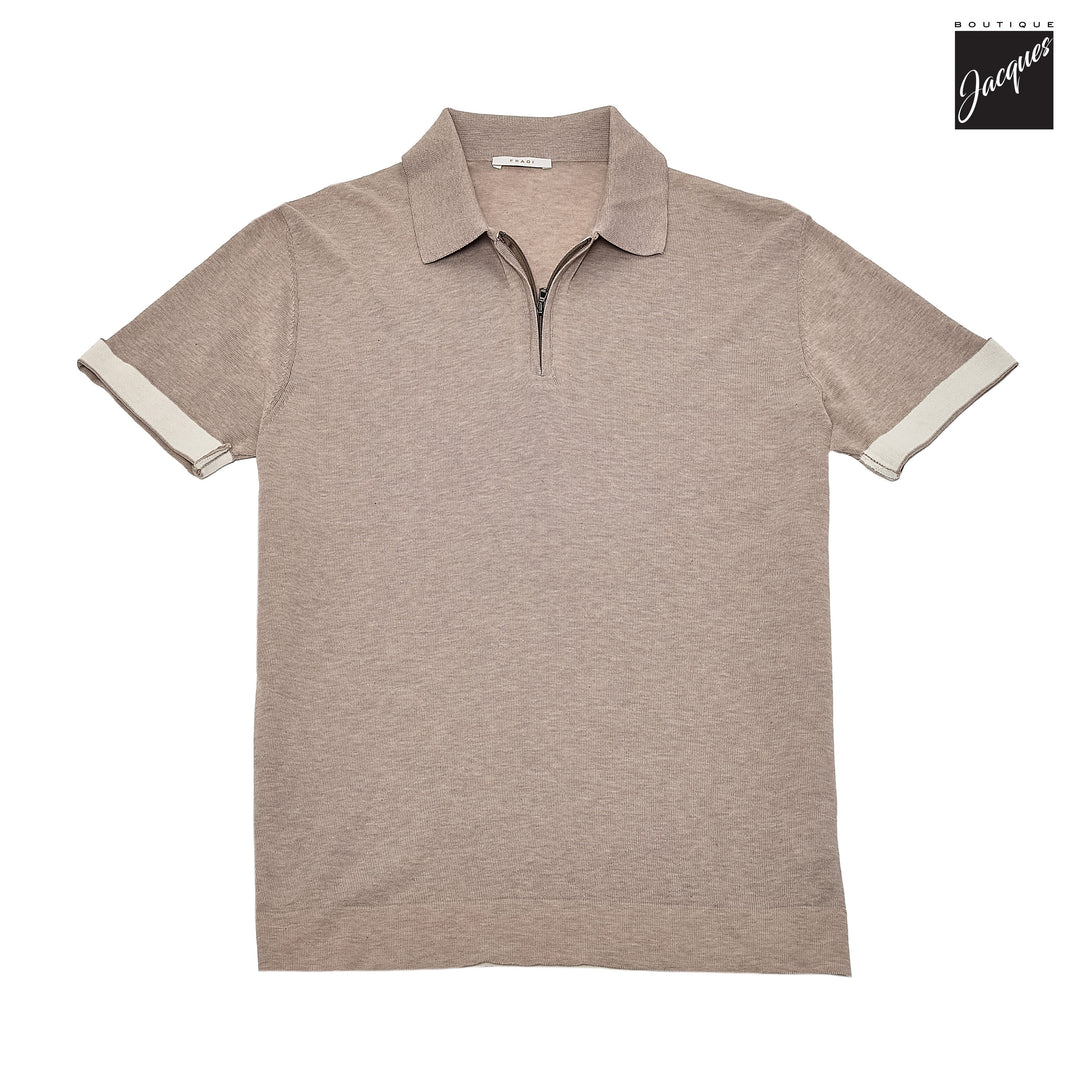 Yuta Beige Knitted Cotton Short Sleeve Zip Polo - FRADI - Boutique Jacques International