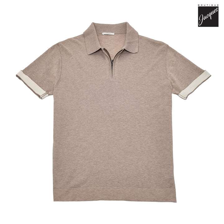 Yuta Beige Knitted Cotton Short Sleeve Zip Polo - FRADI - Boutique Jacques International