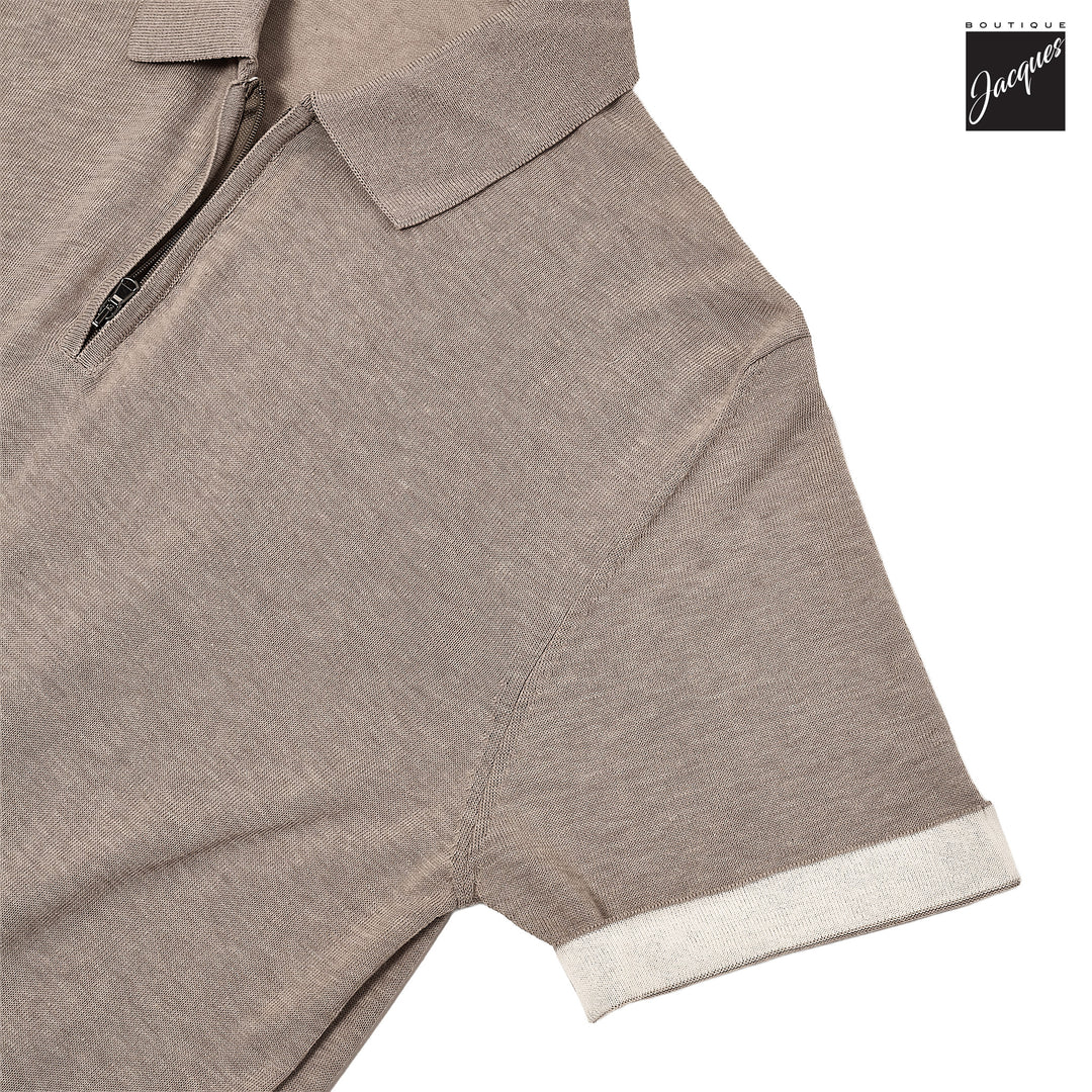 Yuta Beige Knitted Cotton Short Sleeve Zip Polo - FRADI - Boutique Jacques International