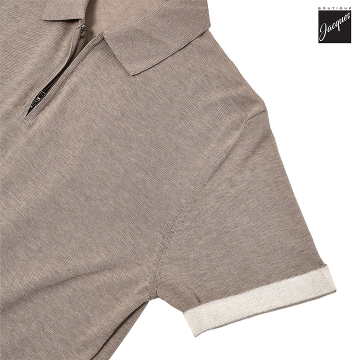 Yuta Beige Knitted Cotton Short Sleeve Zip Polo - FRADI - Boutique Jacques International