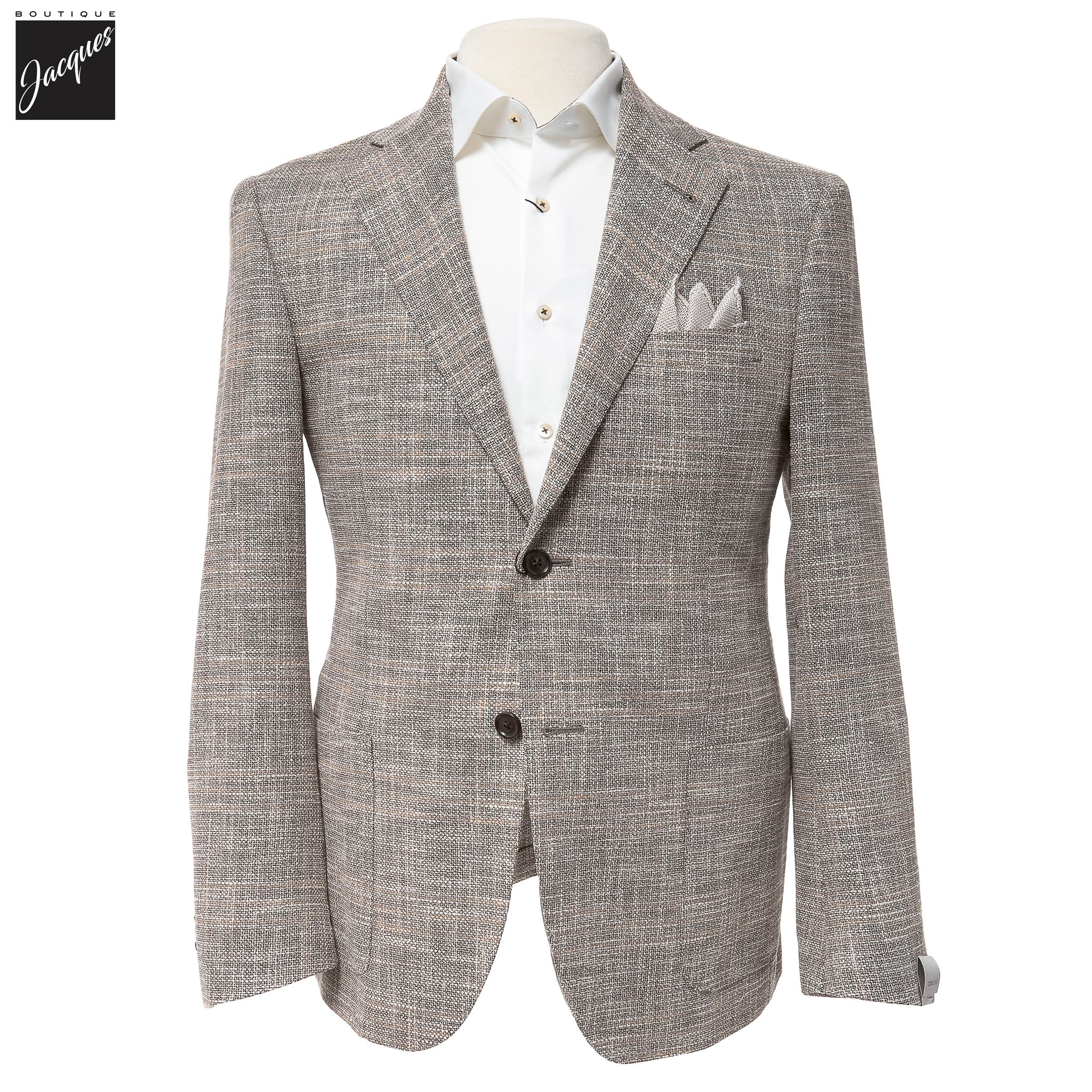 Taupe/Beige Overcheck Wool-Silk Blend Modern Fit Sport Coat - Corneliani - Boutique Jacques International