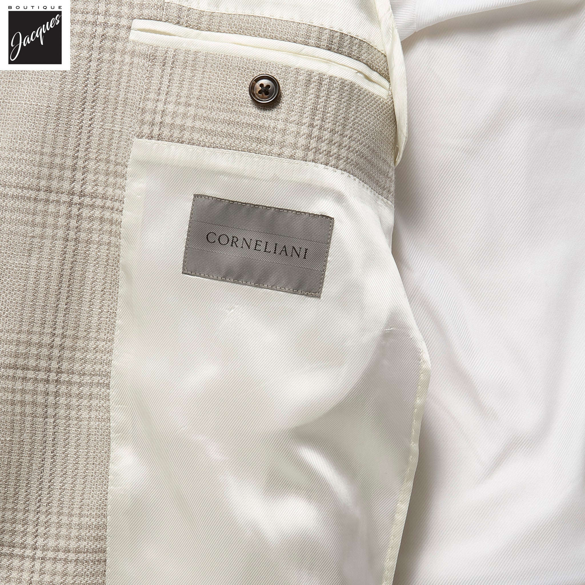 Light Taupe Check Wool-Silk-Linen Modern Fit Sport Coat - Corneliani - Boutique Jacques International