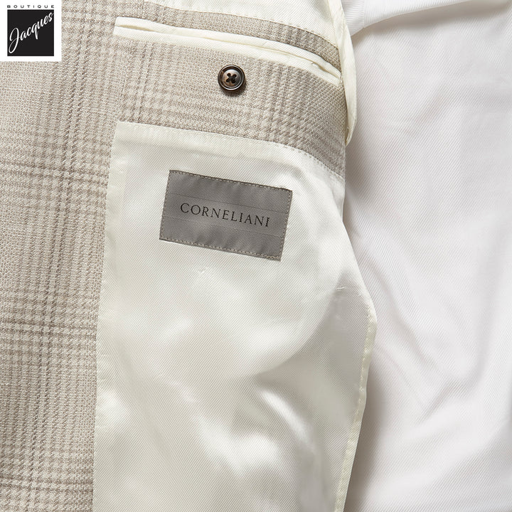 Light Taupe Check Wool-Silk-Linen Modern Fit Sport Coat - Corneliani - Boutique Jacques International