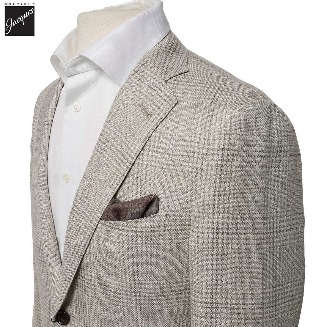 Light Taupe Check Wool-Silk-Linen Modern Fit Sport Coat - Corneliani - Boutique Jacques International