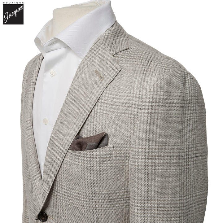 Light Taupe Check Wool-Silk-Linen Modern Fit Sport Coat - Corneliani - Boutique Jacques International