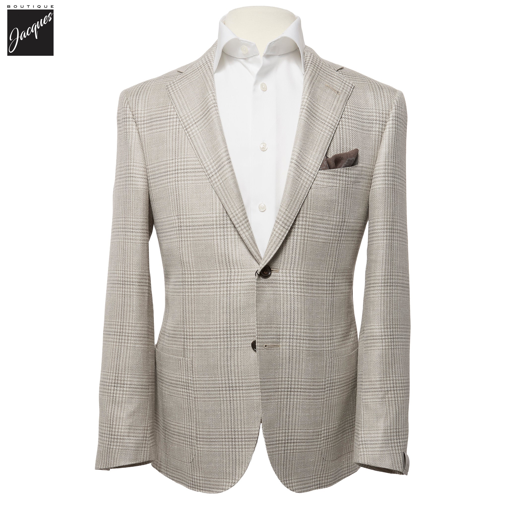 Light Taupe Check Wool-Silk-Linen Modern Fit Sport Coat - Corneliani - Boutique Jacques International