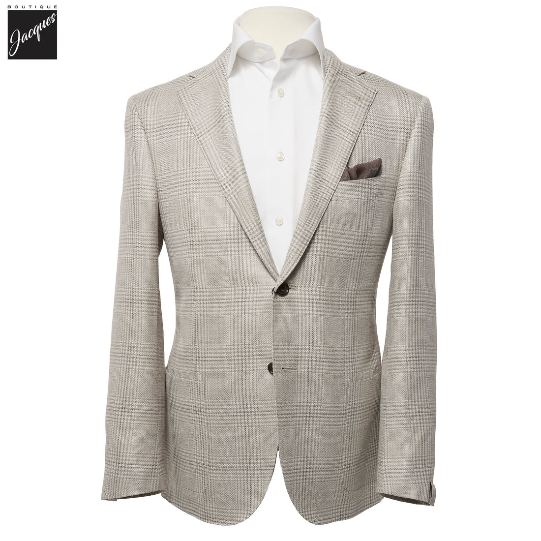 Light Taupe Check Wool-Silk-Linen Modern Fit Sport Coat - Corneliani - Boutique Jacques International