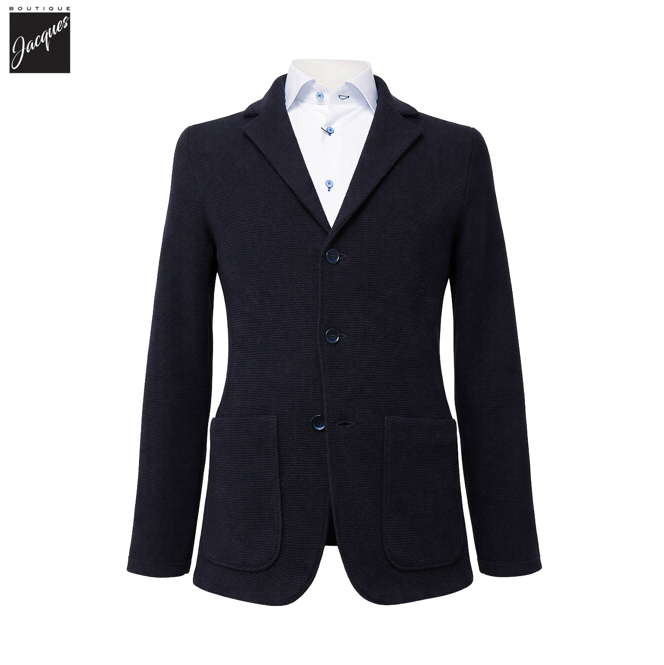Navy Blue Merino Wool Knitted Textured Blazer Cardigan - Stenströms - Boutique Jacques International