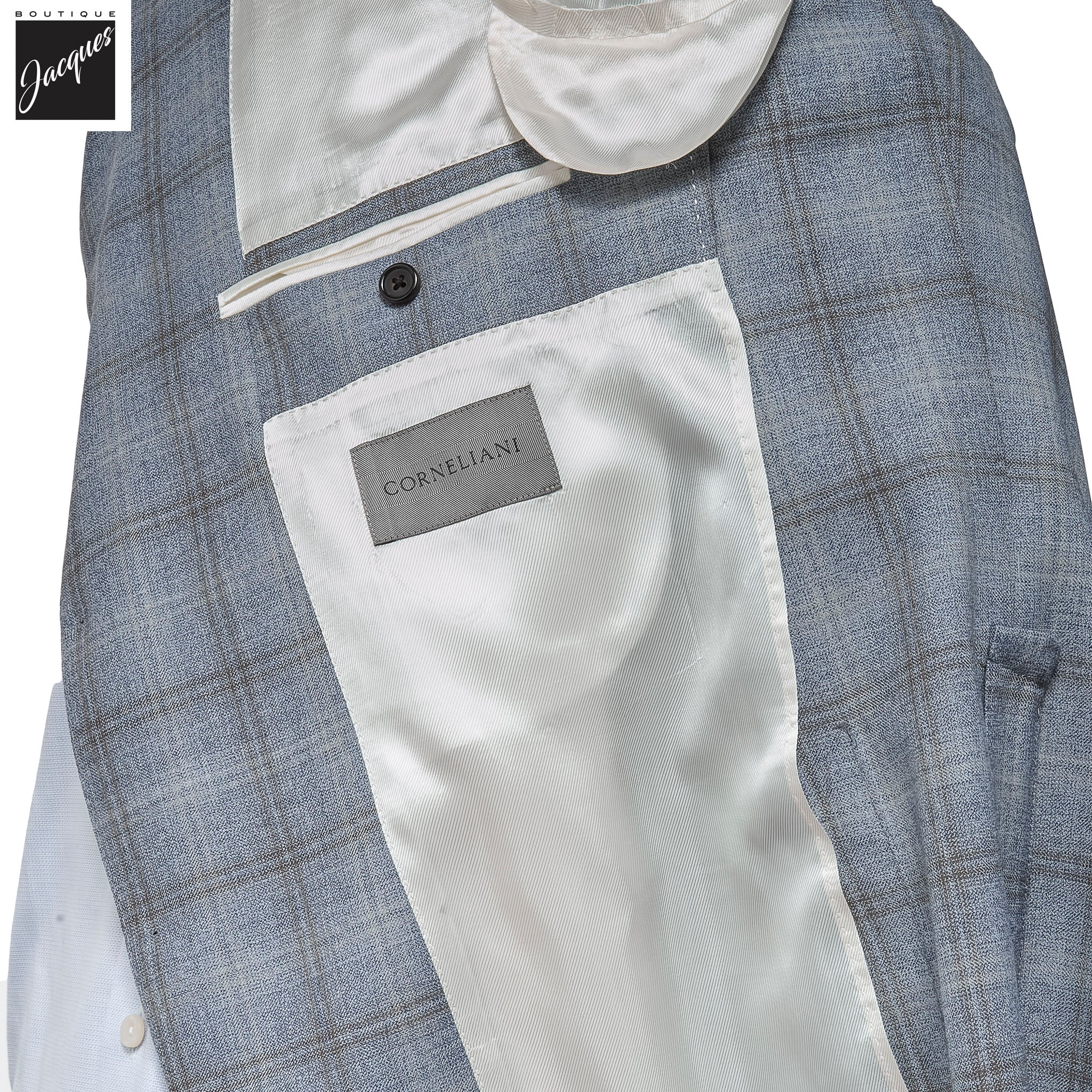 Light Blue with Beige Overcheck Modern Fit Wool Sport Coat - Corneliani - Boutique Jacques International