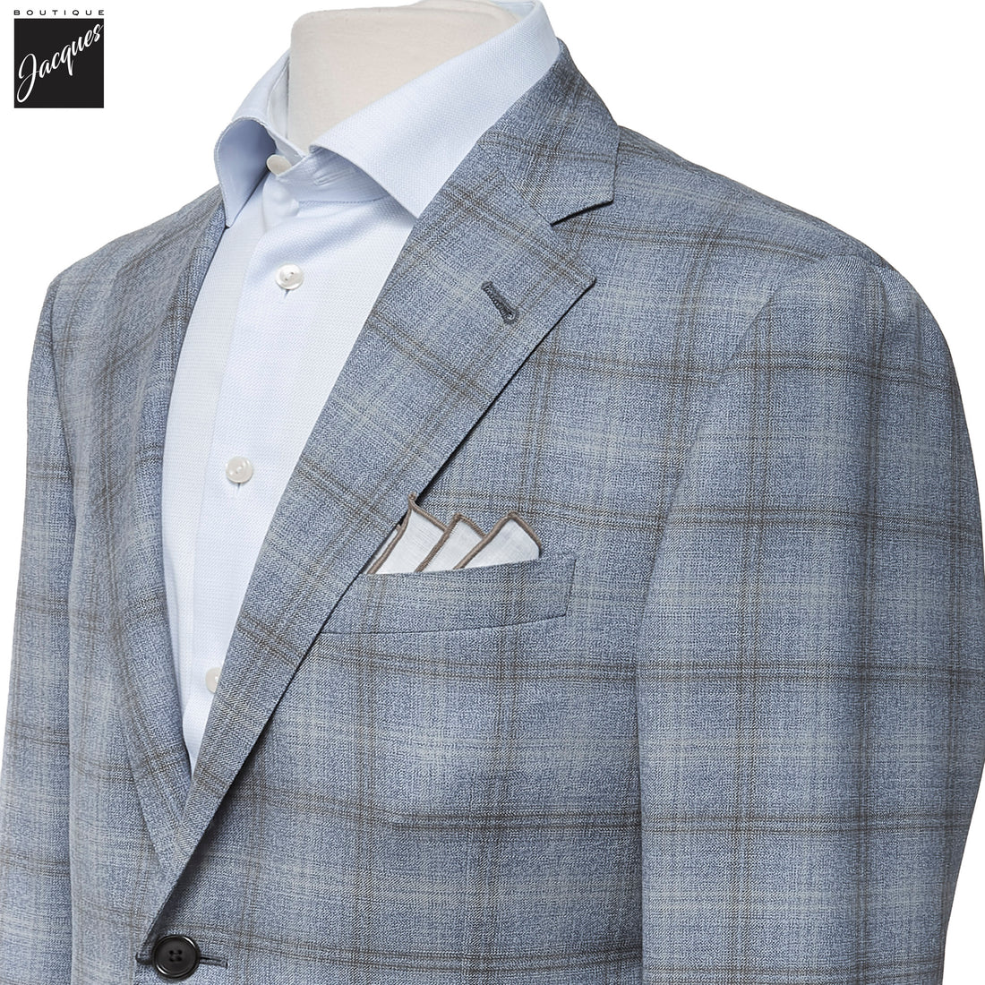 Light Blue with Beige Overcheck Modern Fit Wool Sport Coat - Corneliani - Boutique Jacques International