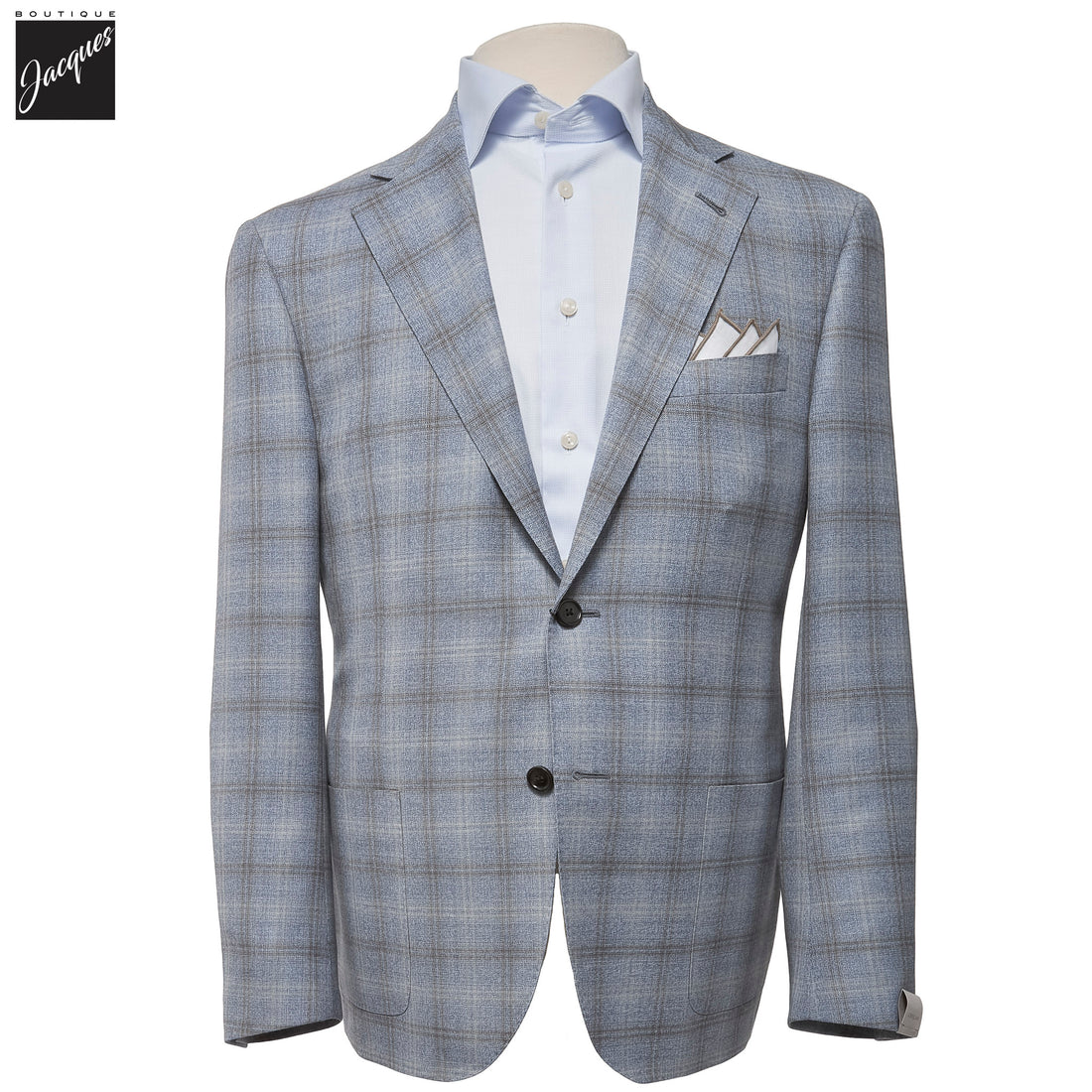 Light Blue with Beige Overcheck Modern Fit Wool Sport Coat - Corneliani - Boutique Jacques International