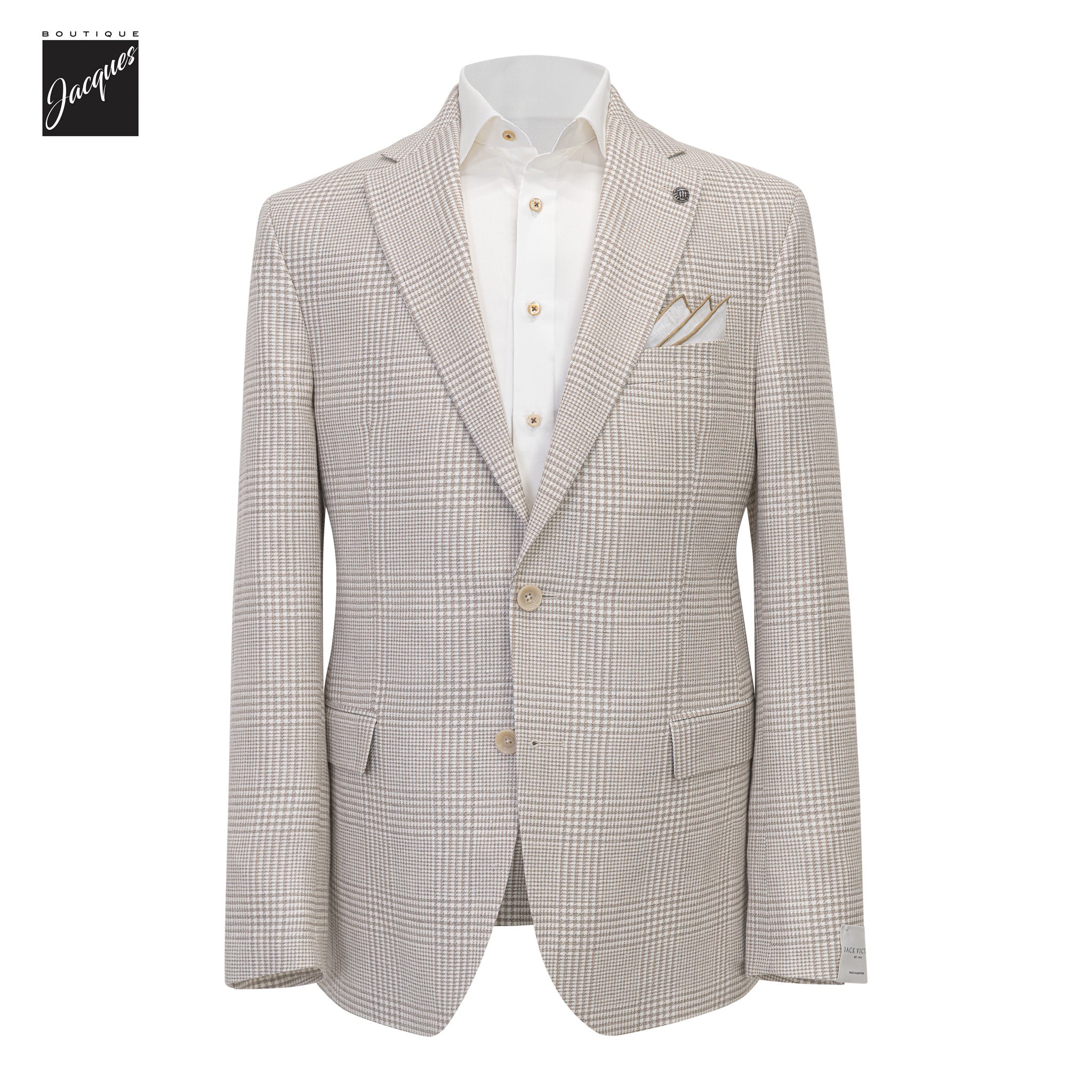 Cream & Taupe Plaid Wool-Linen Midland Contemporary Fit Sport Jacket - Jack Victor