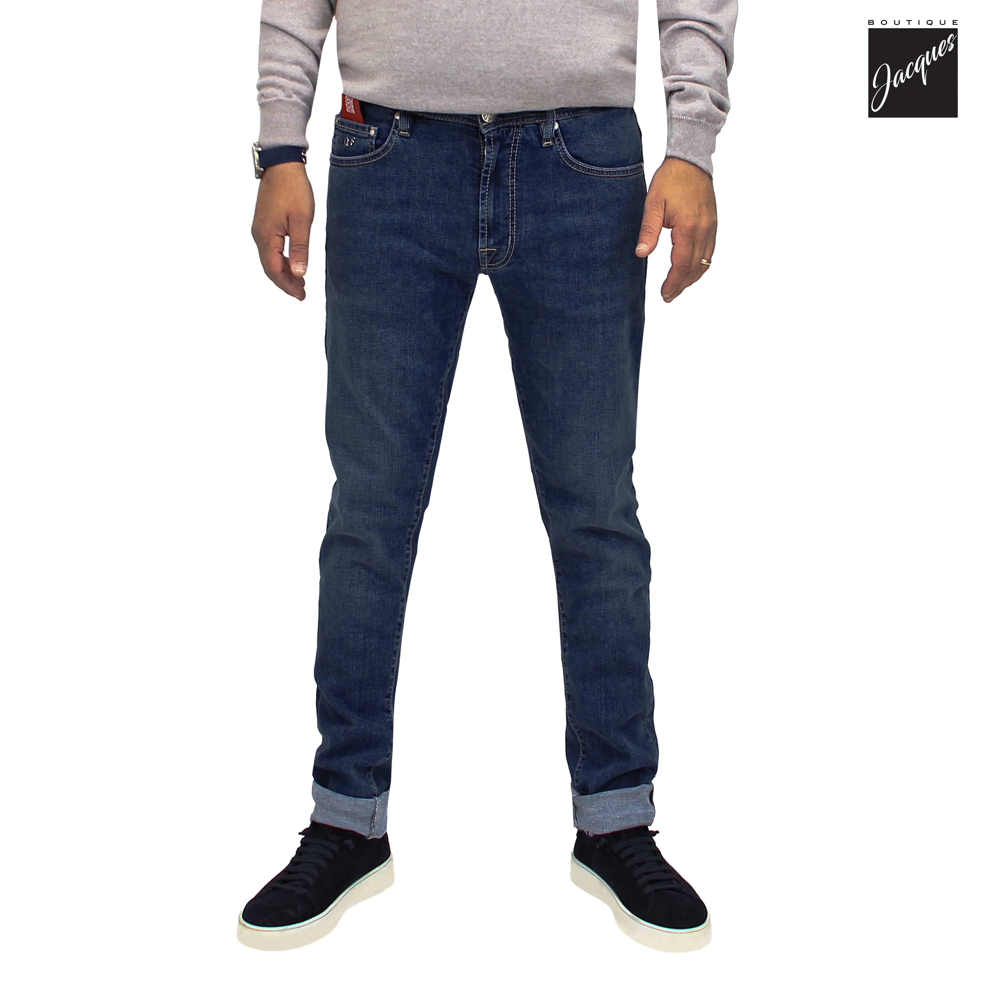 Blue Sports Car Motif Leonardo Slim Fit Cotton-Stretch Denim - TRAMAROSSA